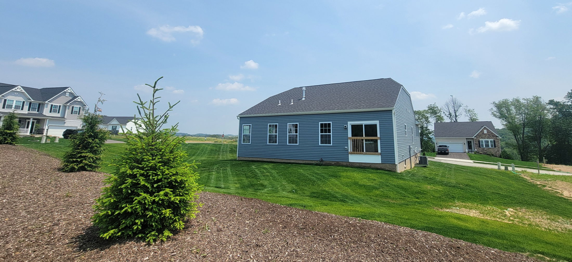Newly constructed suburban homes with landscaped yards and young trees under a clear blue sky.