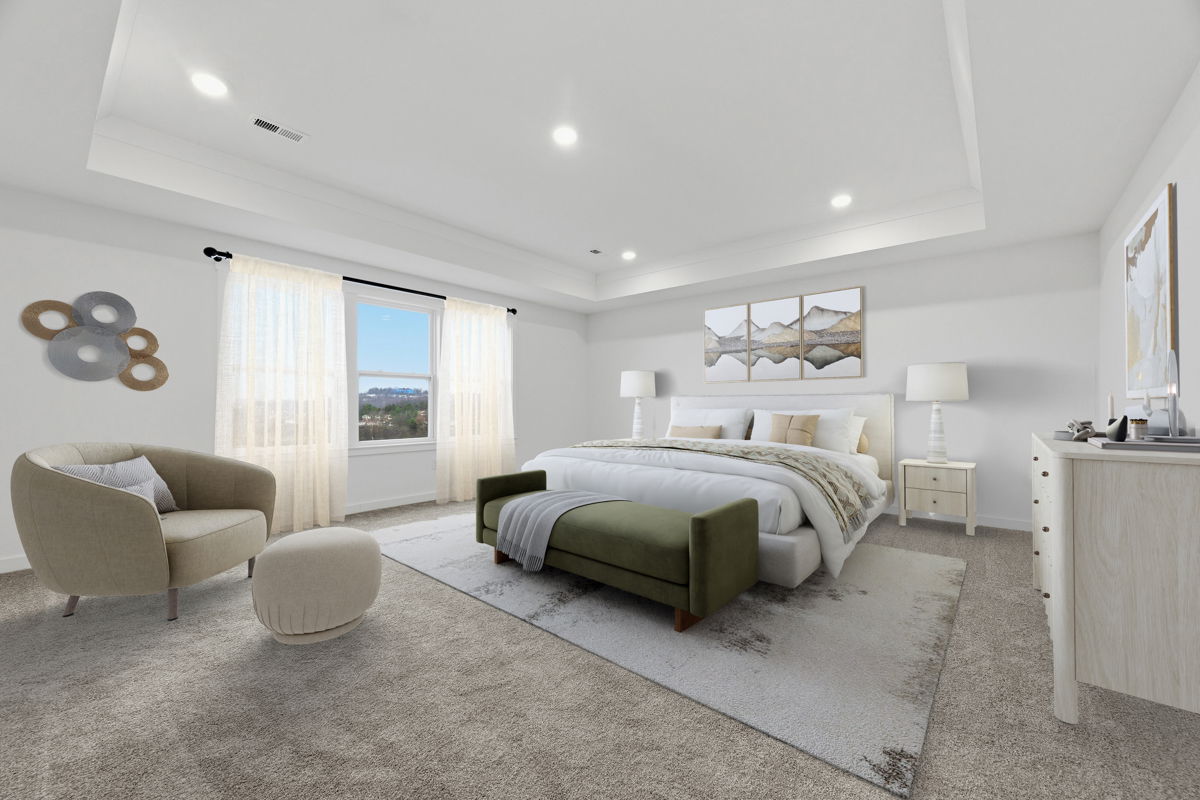 Modern bedroom interior with a comfortable bed, stylish armchair, and large window with natural light.