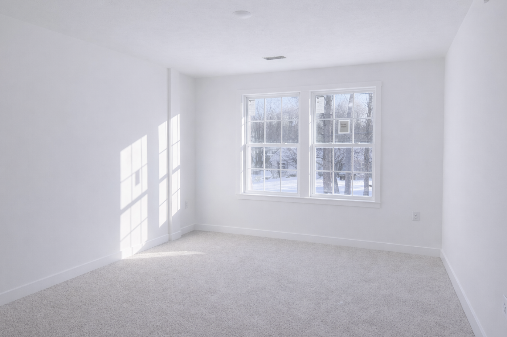 A bright and airy empty room with large windows letting in natural light and featuring soft beige carpet flooring.