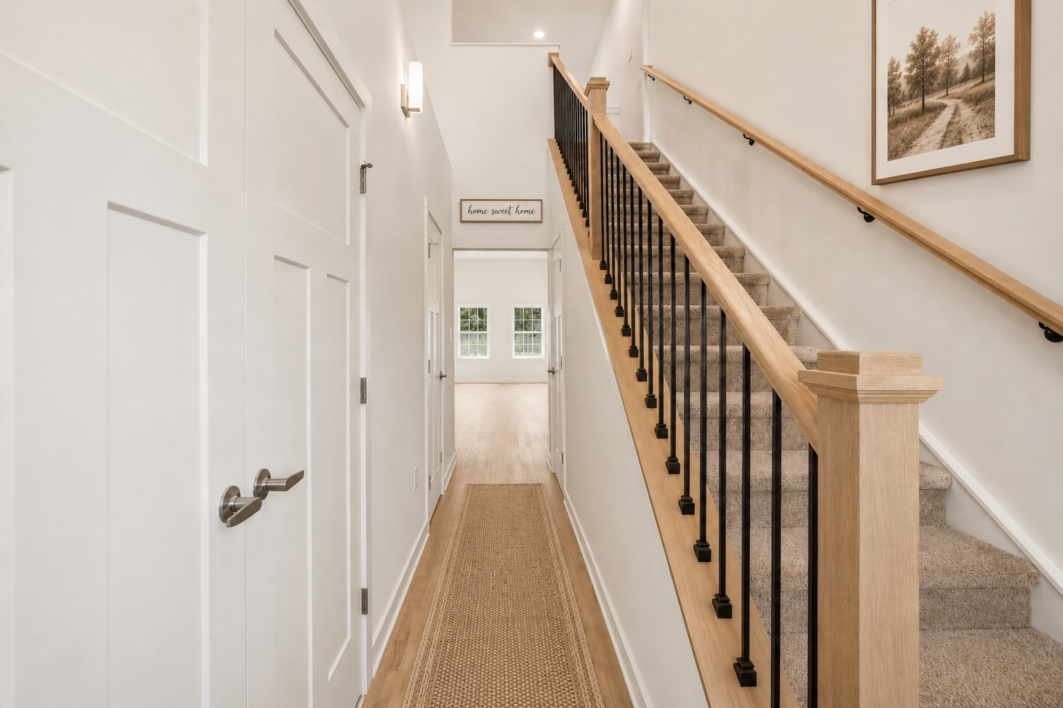 A well-lit entryway featuring a staircase with wooden handrails, white walls, and a runner rug leading towards a hallway.