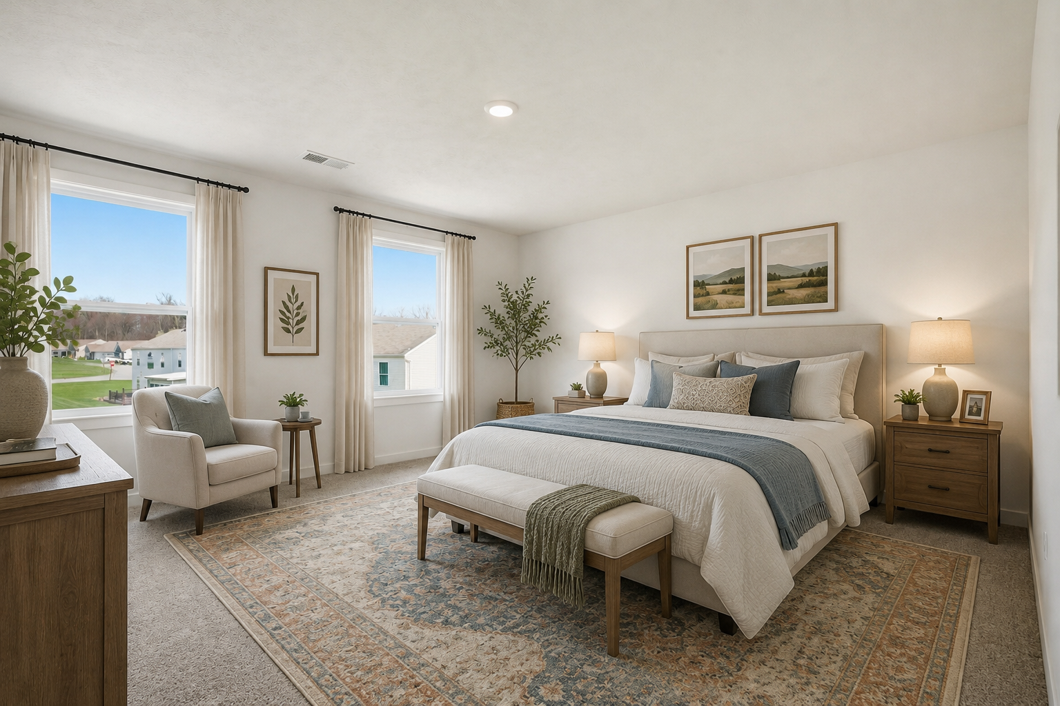 A beautifully decorated modern bedroom featuring a cozy bed, stylish furnishings, and large windows allowing natural light.