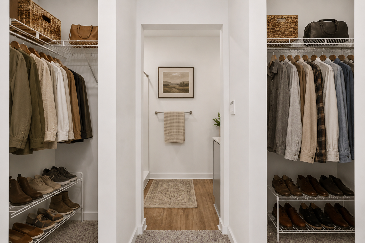 A modern walk-in closet featuring neatly arranged clothing, shoes, and stylish storage, illuminated by soft natural light.
