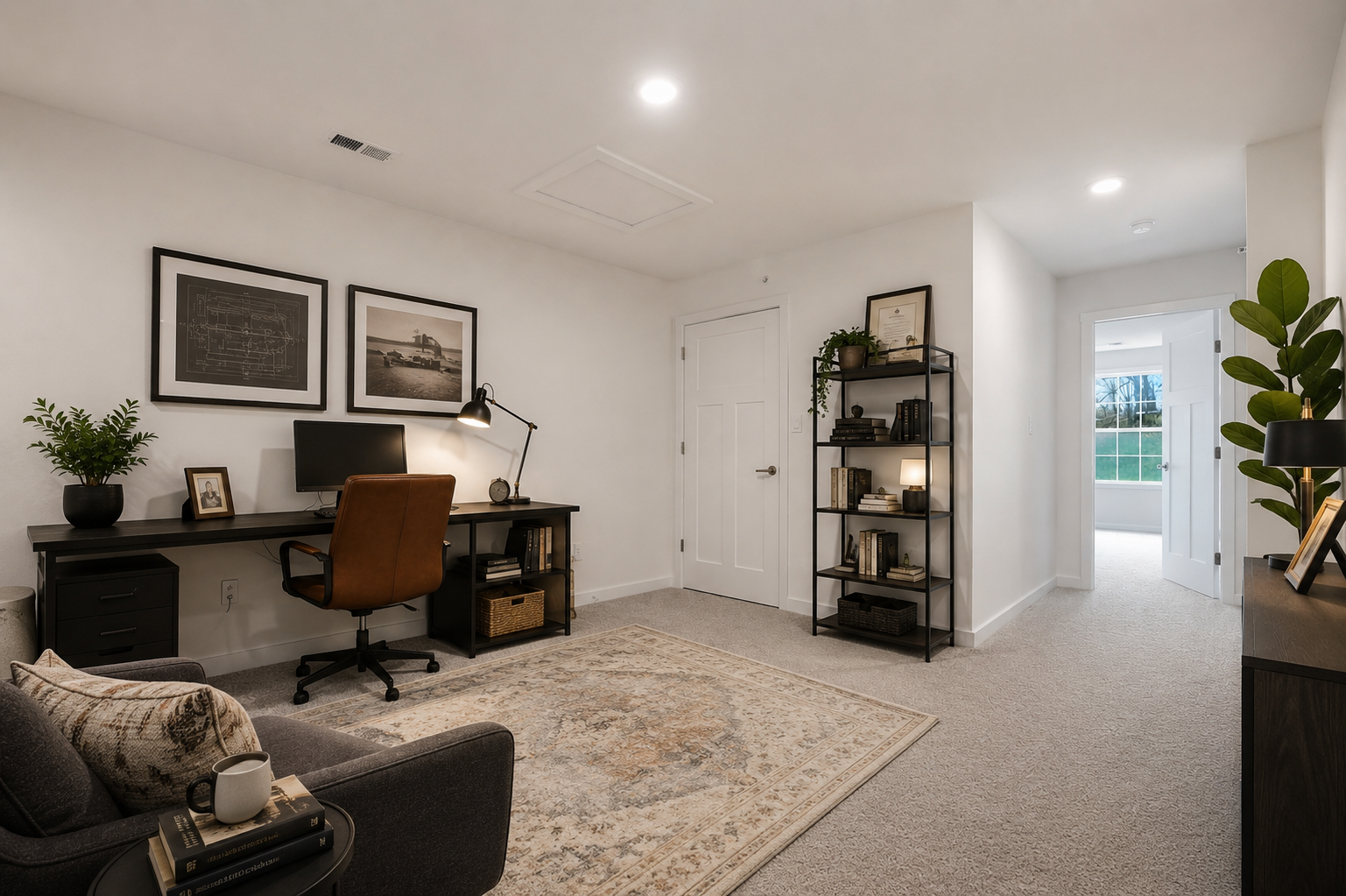Modern home office with a stylish desk, comfortable chair, decorative shelving, and bright natural light.