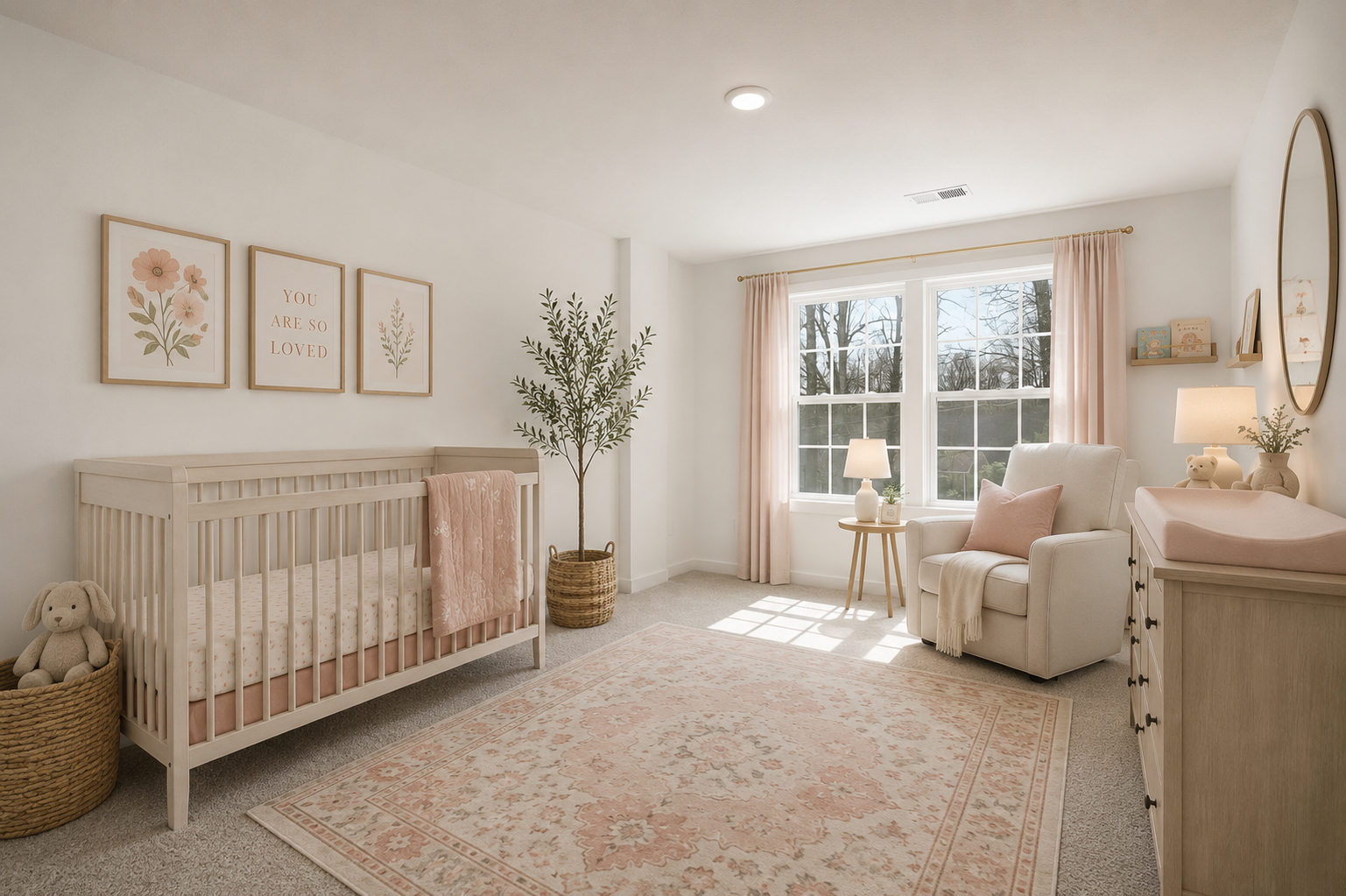 A softly lit nursery featuring a crib, a rocking chair, a dresser, and pastel decor with framed floral prints.