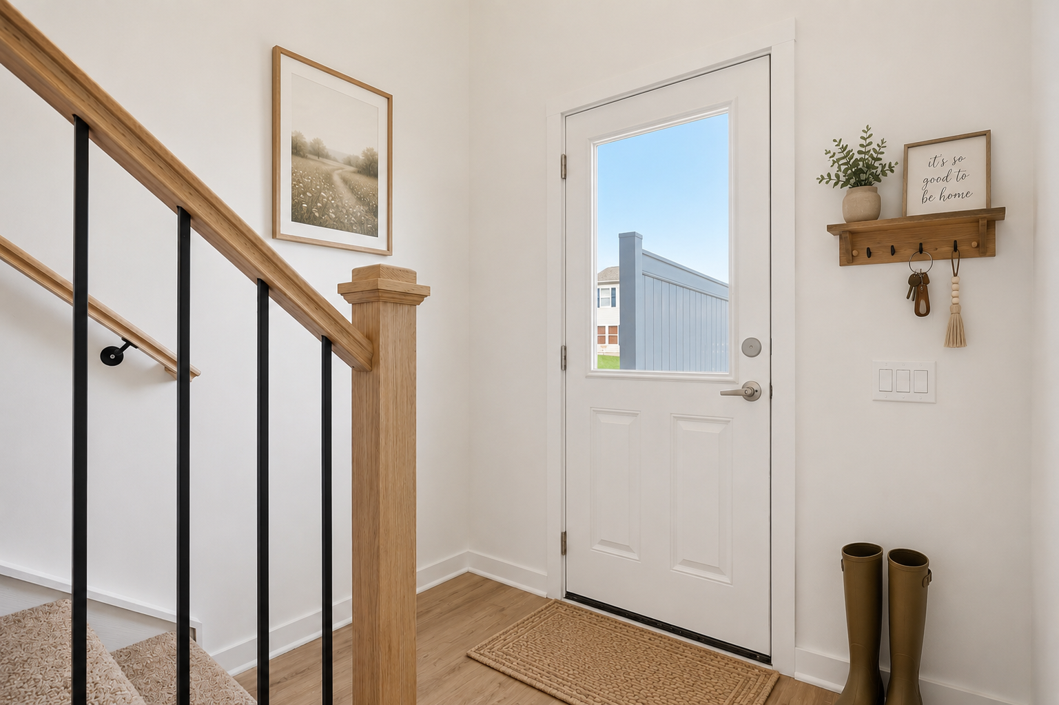 Bright entryway featuring a staircase, a door with a window, a framed floral print, a small wall-mounted shelf with decorative items, and a pair of rain boots on the floor.