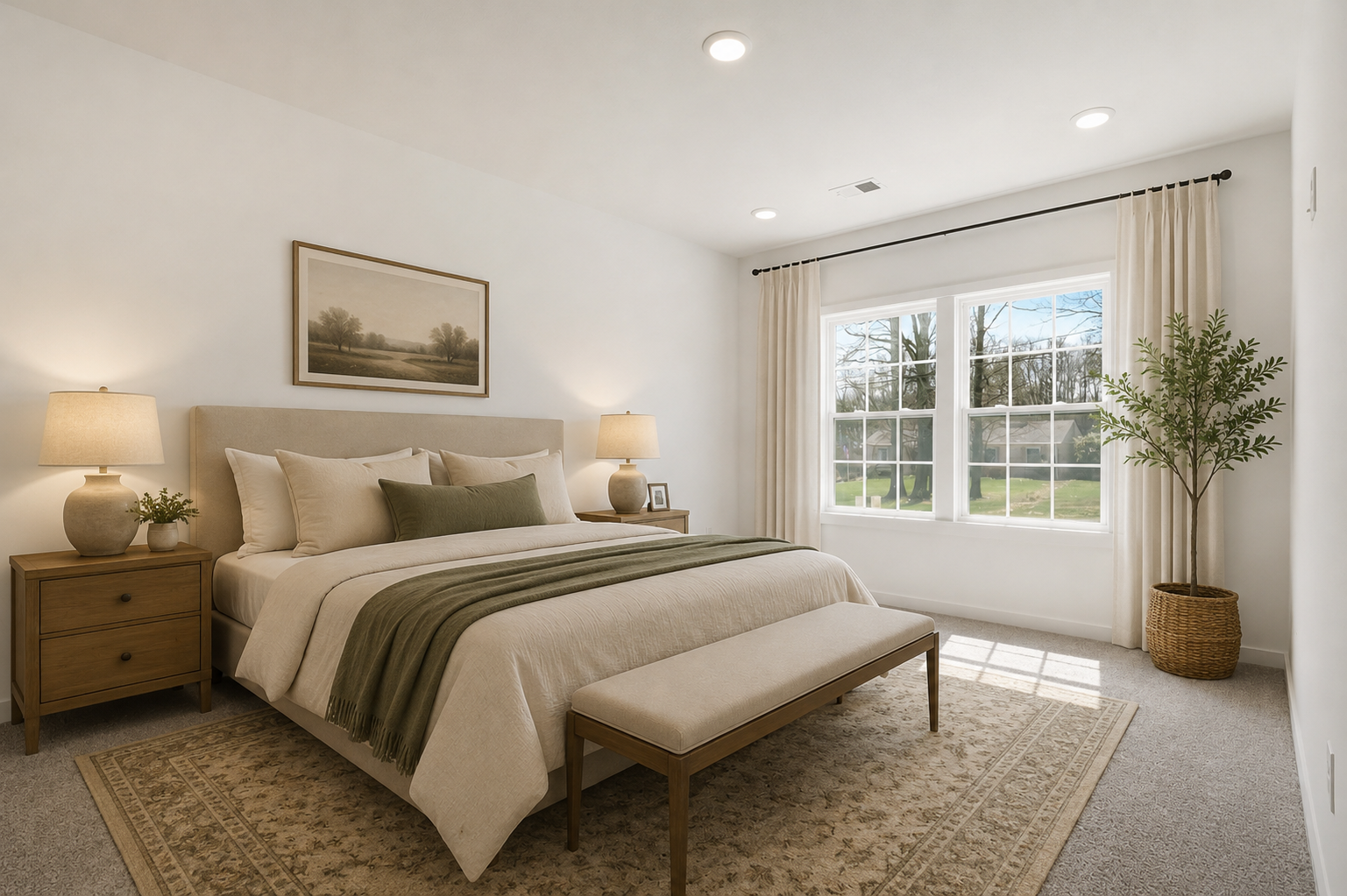 Modern bedroom with a tan upholstered bed, decorative pillows, bedside lamps, and large windows allowing natural light to brighten the space.