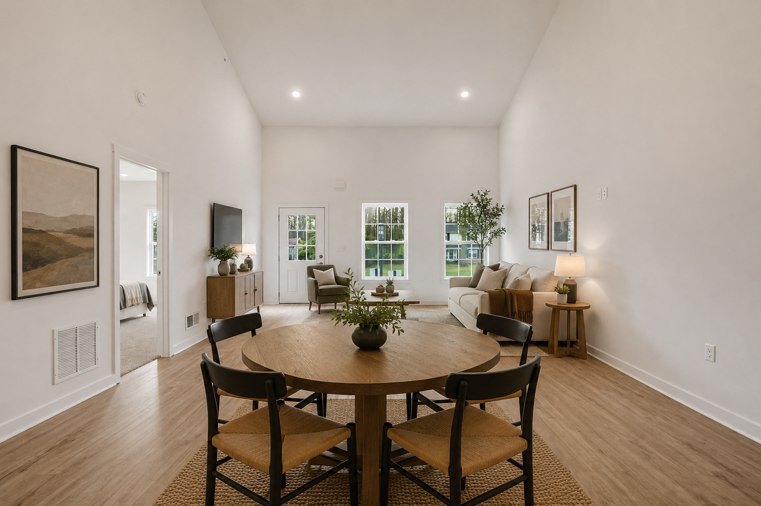 Bright and modern living room interior featuring a cozy seating area, wooden dining table, and large windows for natural light.