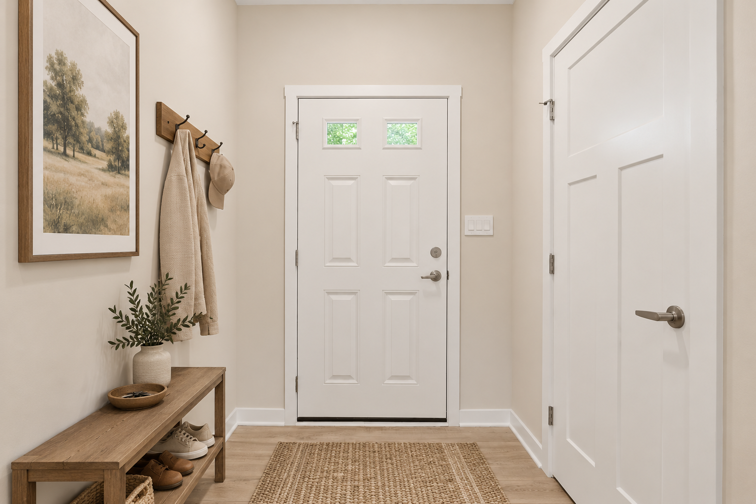 A cozy entryway featuring a white front door, a wooden bench with shoes, a coat rack, a framed landscape artwork, and a potted plant.