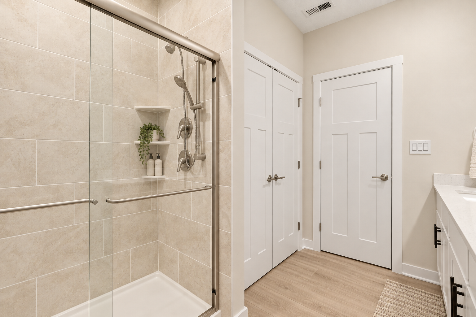 A modern bathroom featuring a glass-enclosed shower, a sink with two bottles, and two white doors.