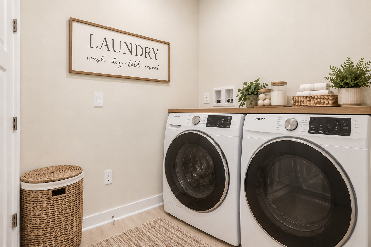 A modern laundry room featuring white washer and dryer units, a decorative sign, and laundry supplies on a shelf.