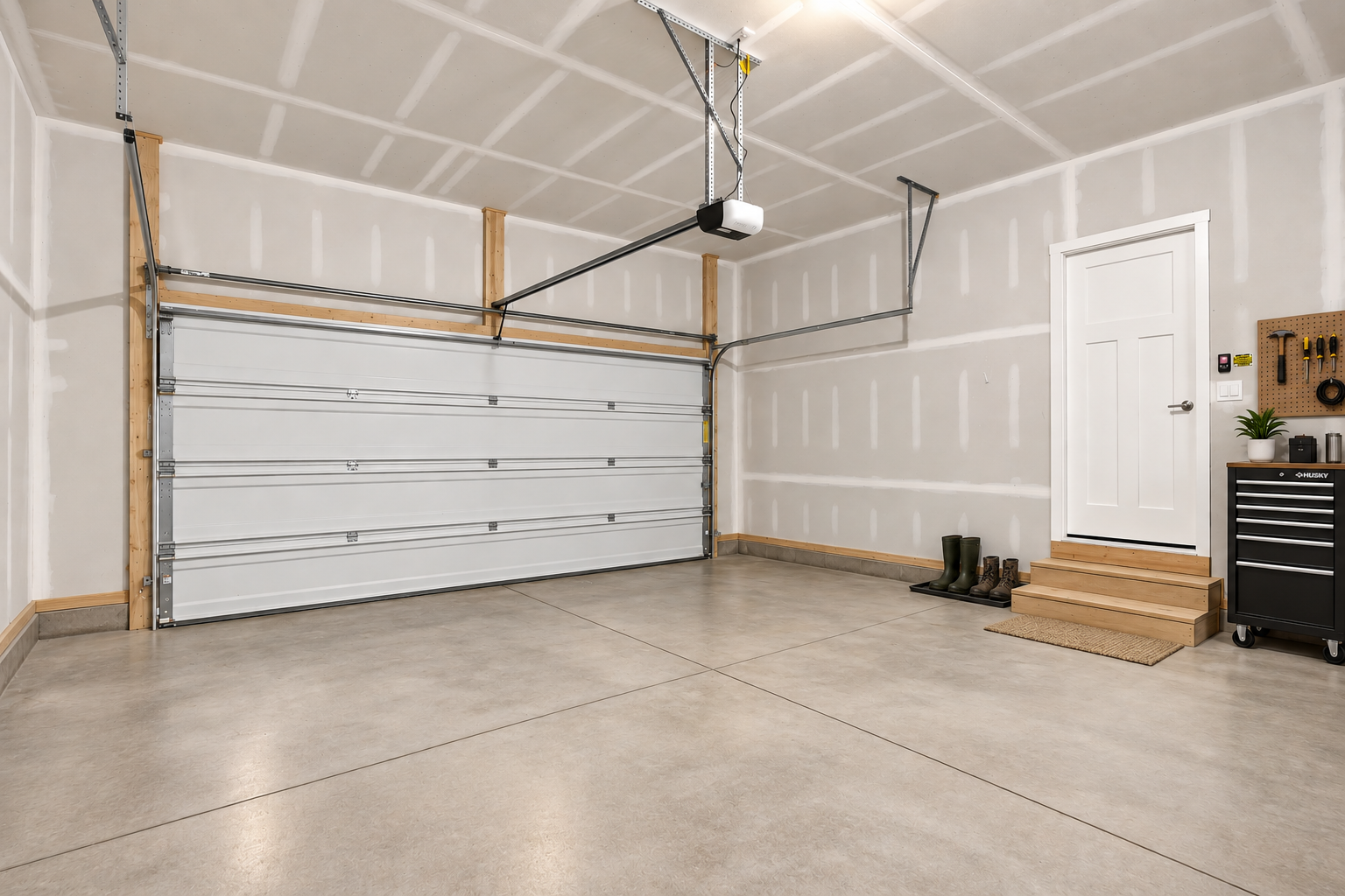 A clean, empty garage featuring a large overhead door, a door leading to the outside, a set of green rubber boots, and a storage cart against the wall.