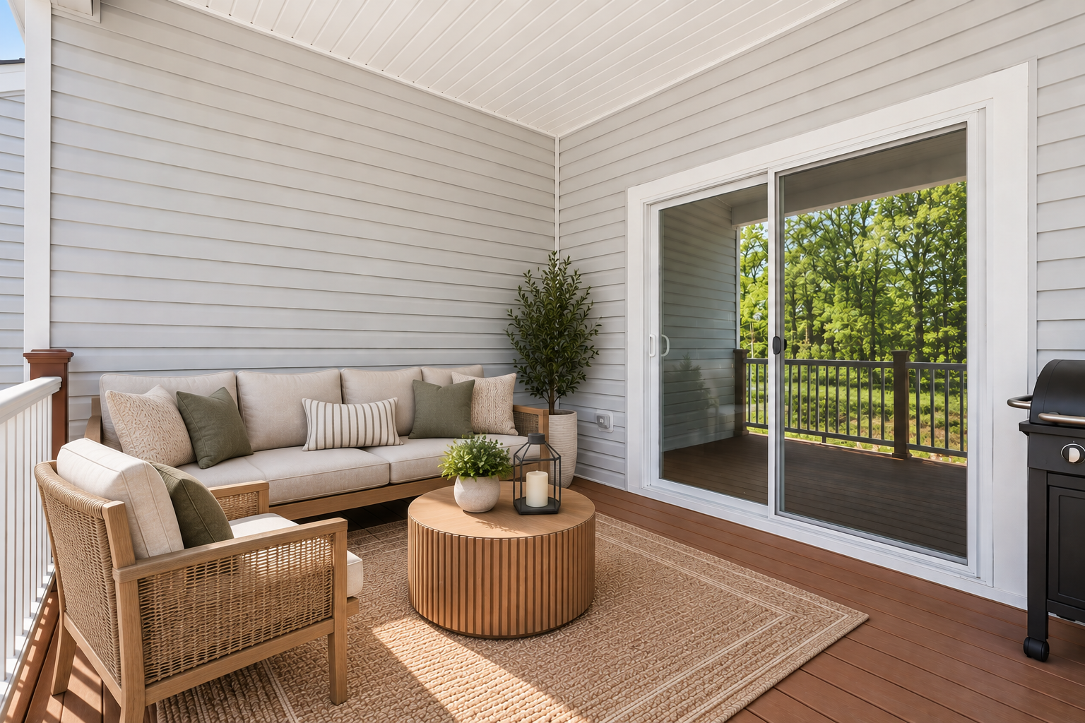 A cozy porch featuring a beige sofa with green cushions, a round wooden coffee table, and a neatly arranged rug, overlooking a green landscape through sliding glass doors.