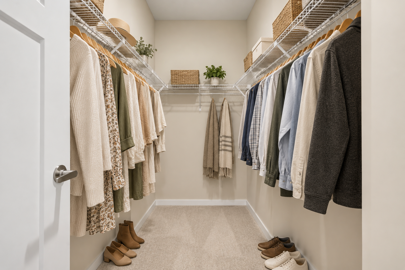A well-organized walk-in closet with clothes on hangers, storage baskets, and shoes on the floor.
