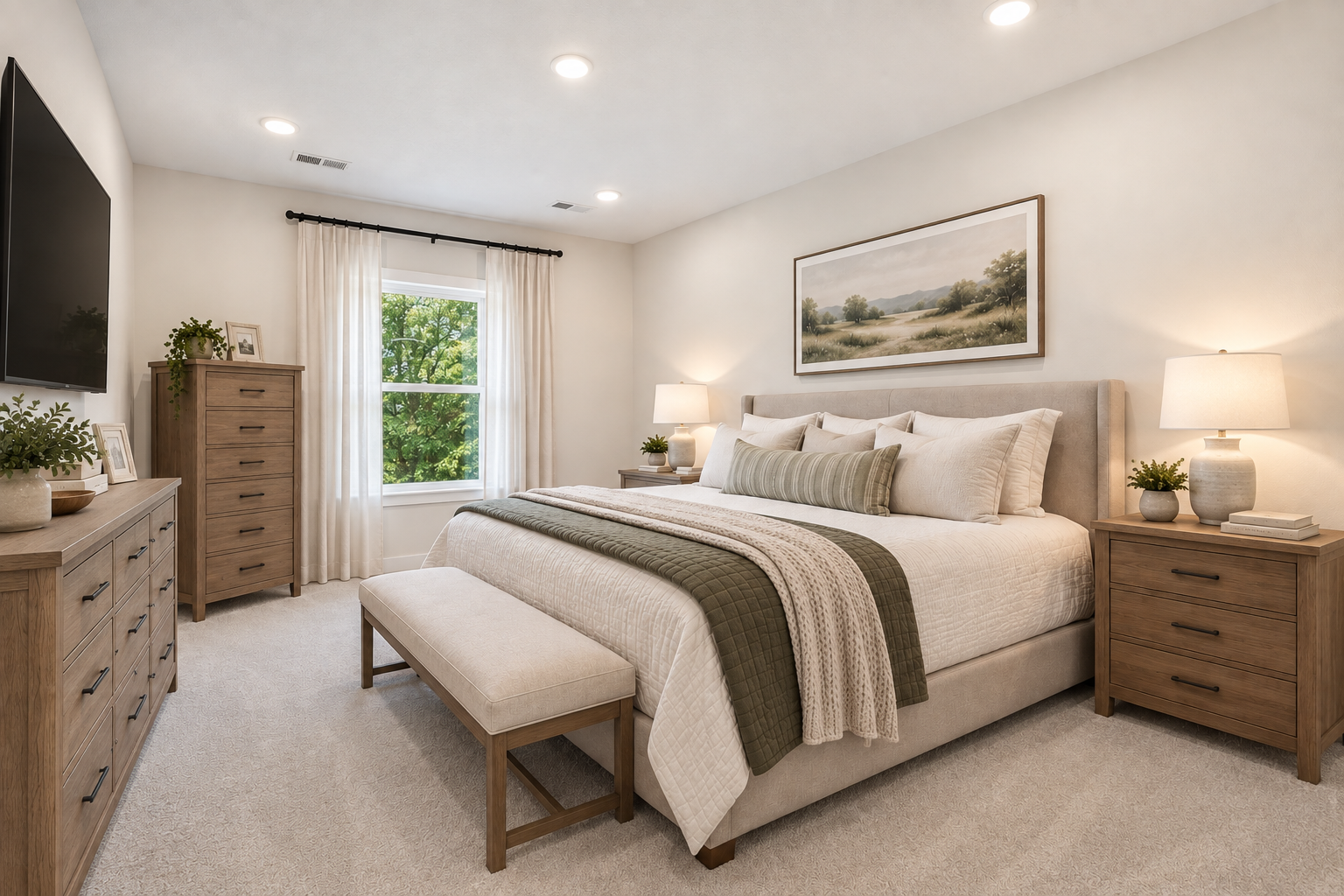 Bright, modern bedroom featuring a large bed with neutral linens, wooden furniture, and a window with curtains.