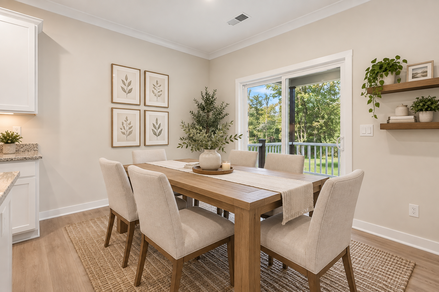 Modern dining room featuring a wooden table with six beige chairs, a decorative plant centerpiece, and botanical wall art.