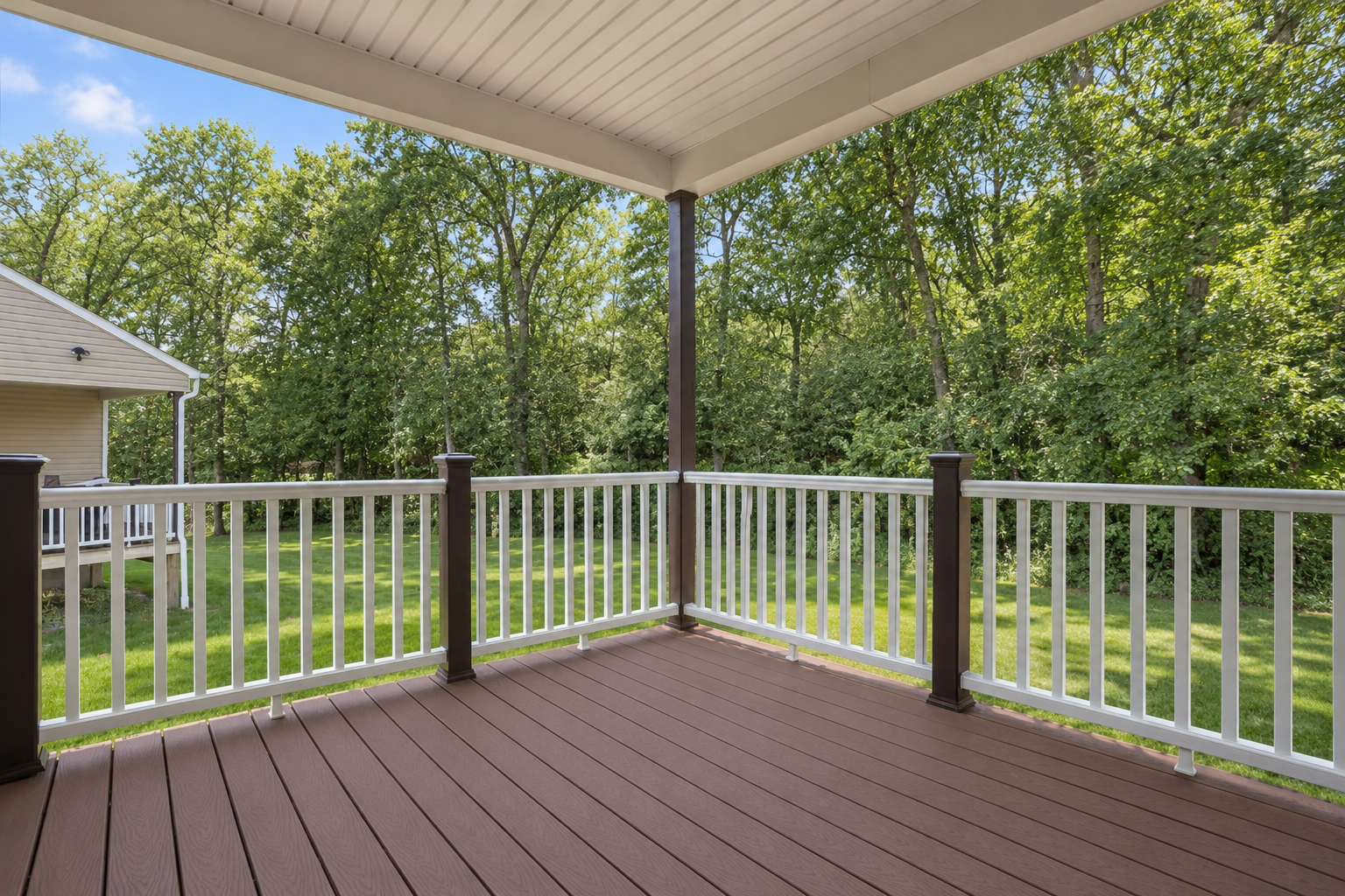 A spacious wooden deck with white railings, surrounded by lush green trees.