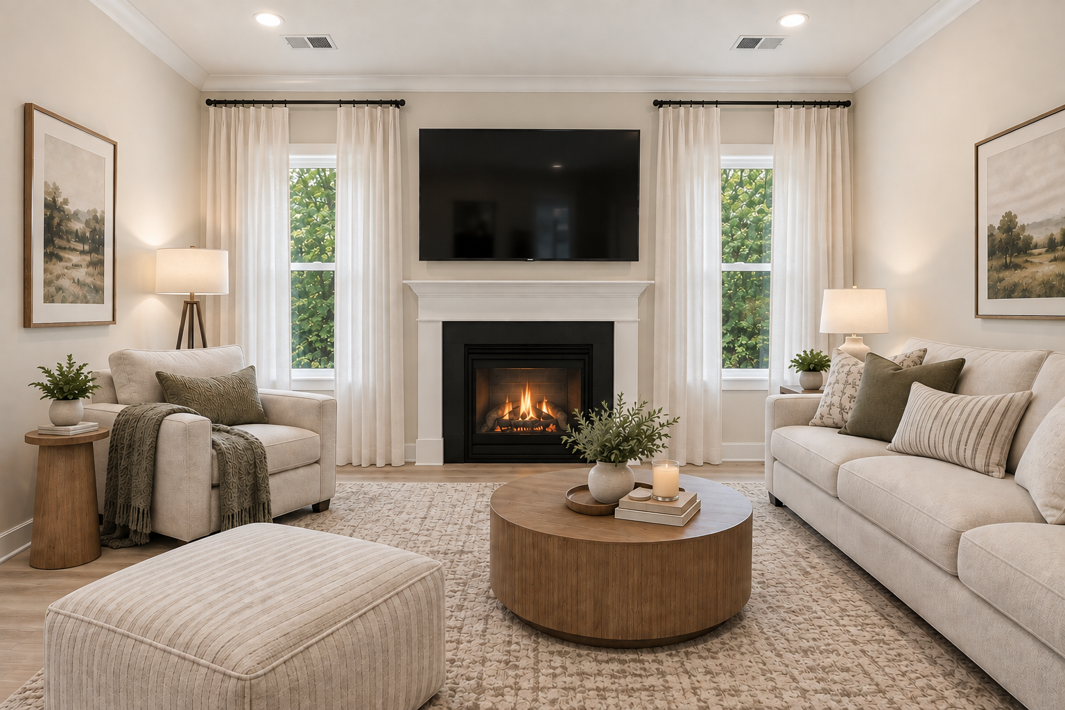A cozy living room featuring a fireplace, a large TV, two armchairs, a sofa, and a round coffee table with decorative items.