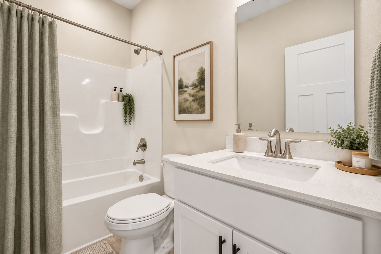 Modern bathroom featuring a bathtub with a shower curtain, a white sink with faucets, and a wall-mounted mirror above a countertop with decorative items.