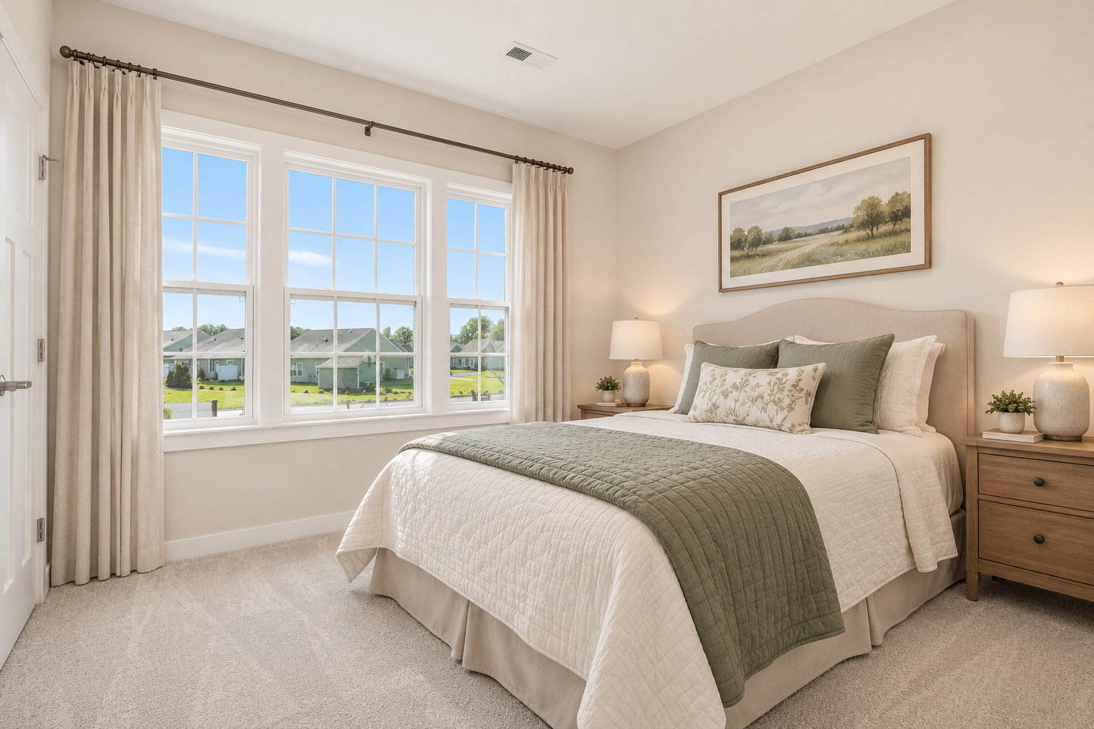 A cozy bedroom featuring a queen-sized bed with a green throw blanket, two bedside tables with lamps, and large windows offering a view of a green landscape.