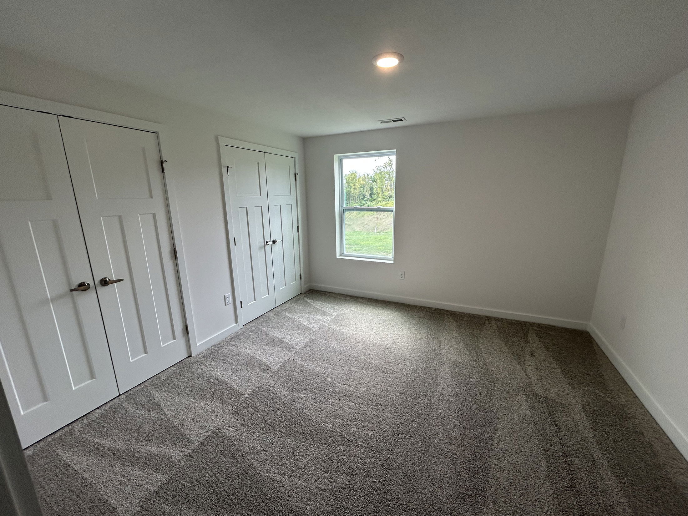 Empty white-walled room with beige carpet, two double-door closets, and a large window overlooking greenery.