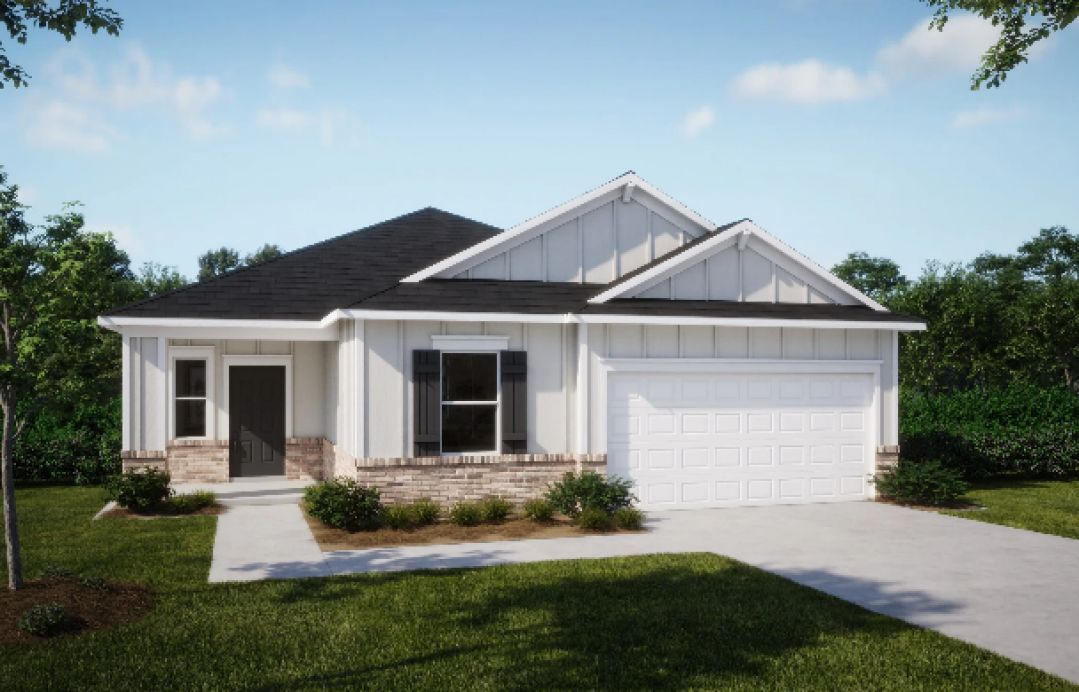 Single-story house with a white exterior, gray roof, and a two-car garage, surrounded by greenery.