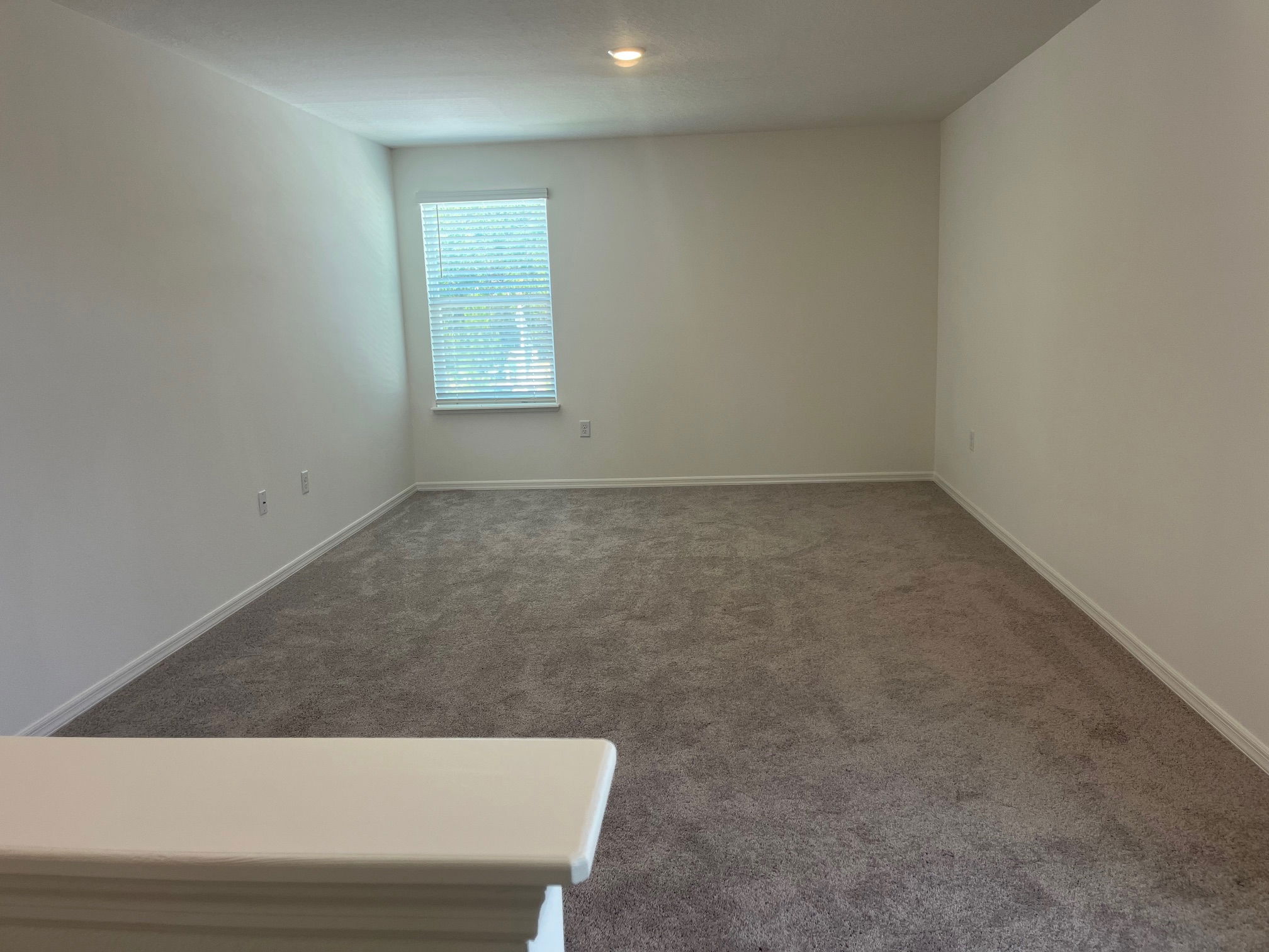 Empty room with gray carpet, off-white walls, and a window with blinds letting in natural light.