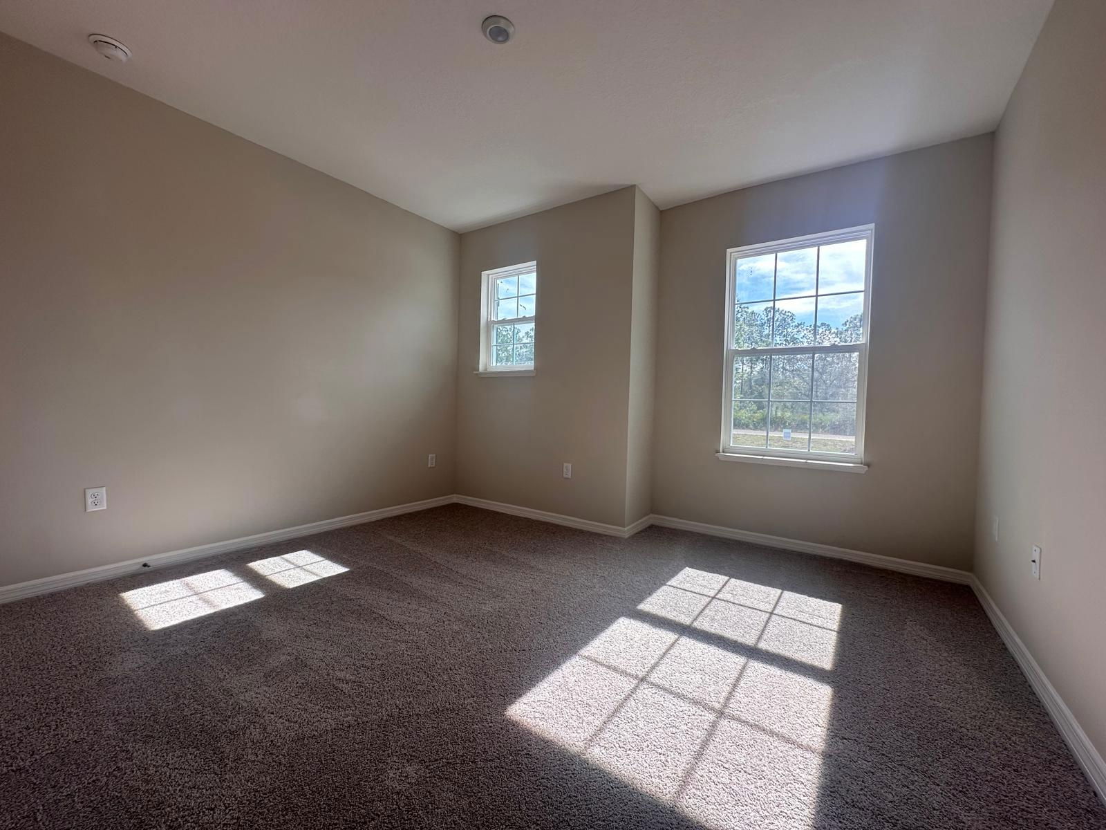 Sunlit empty room with beige walls and carpet flooring, featuring two windows.