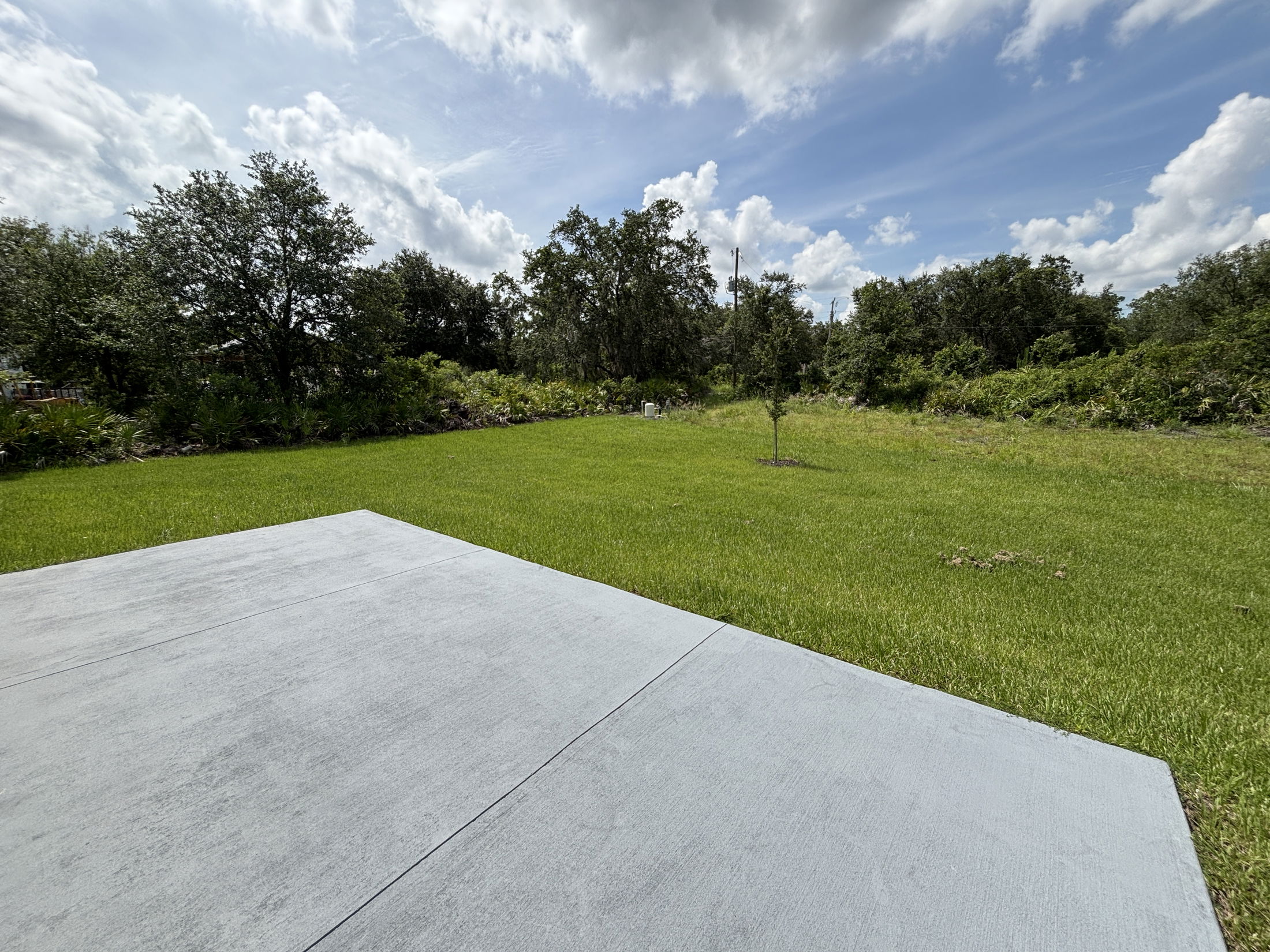Concrete patio overlooking a grassy backyard with trees and a partly cloudy sky.