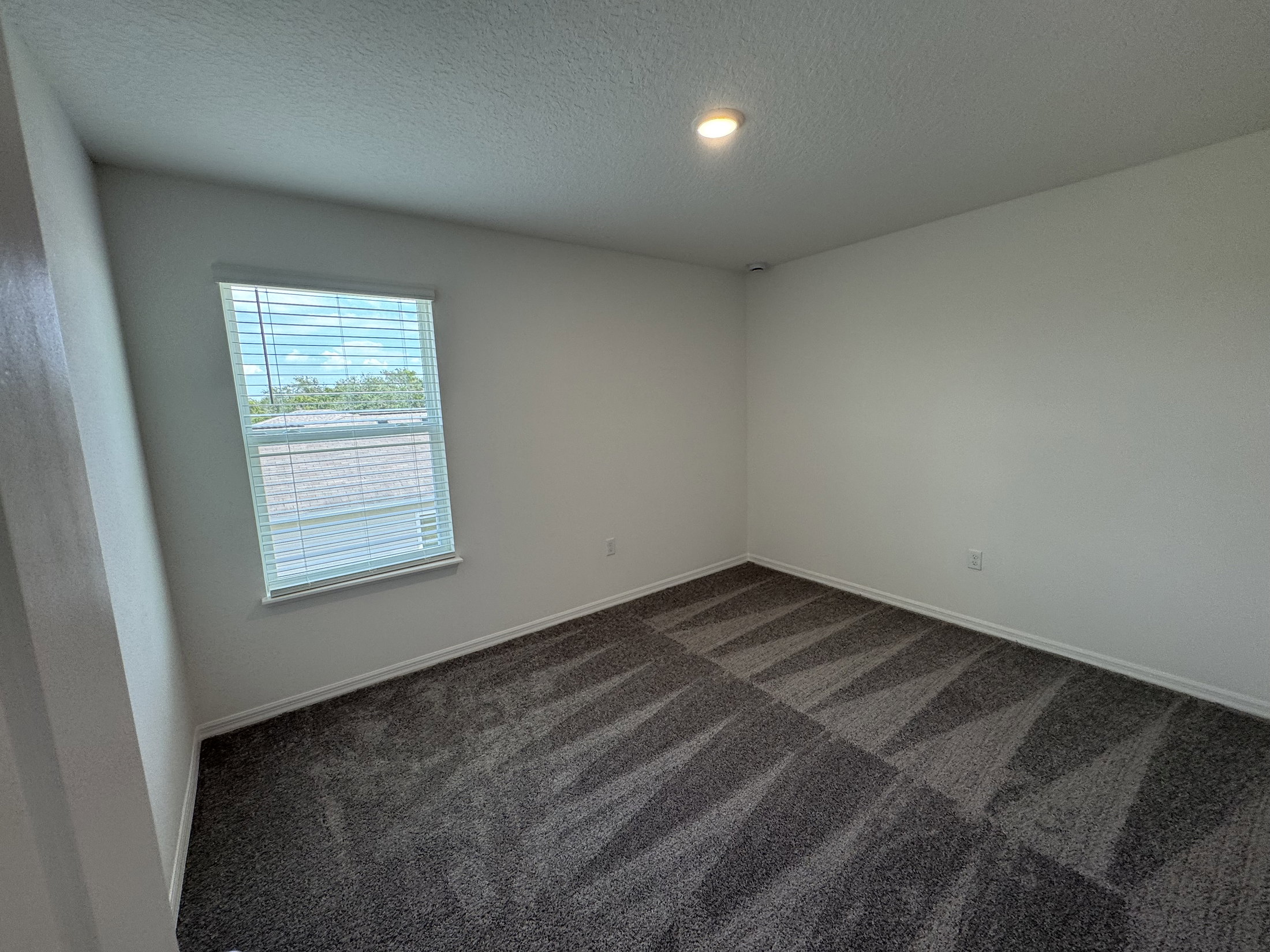 Empty room with light gray carpet, a single window with blinds, and white walls.