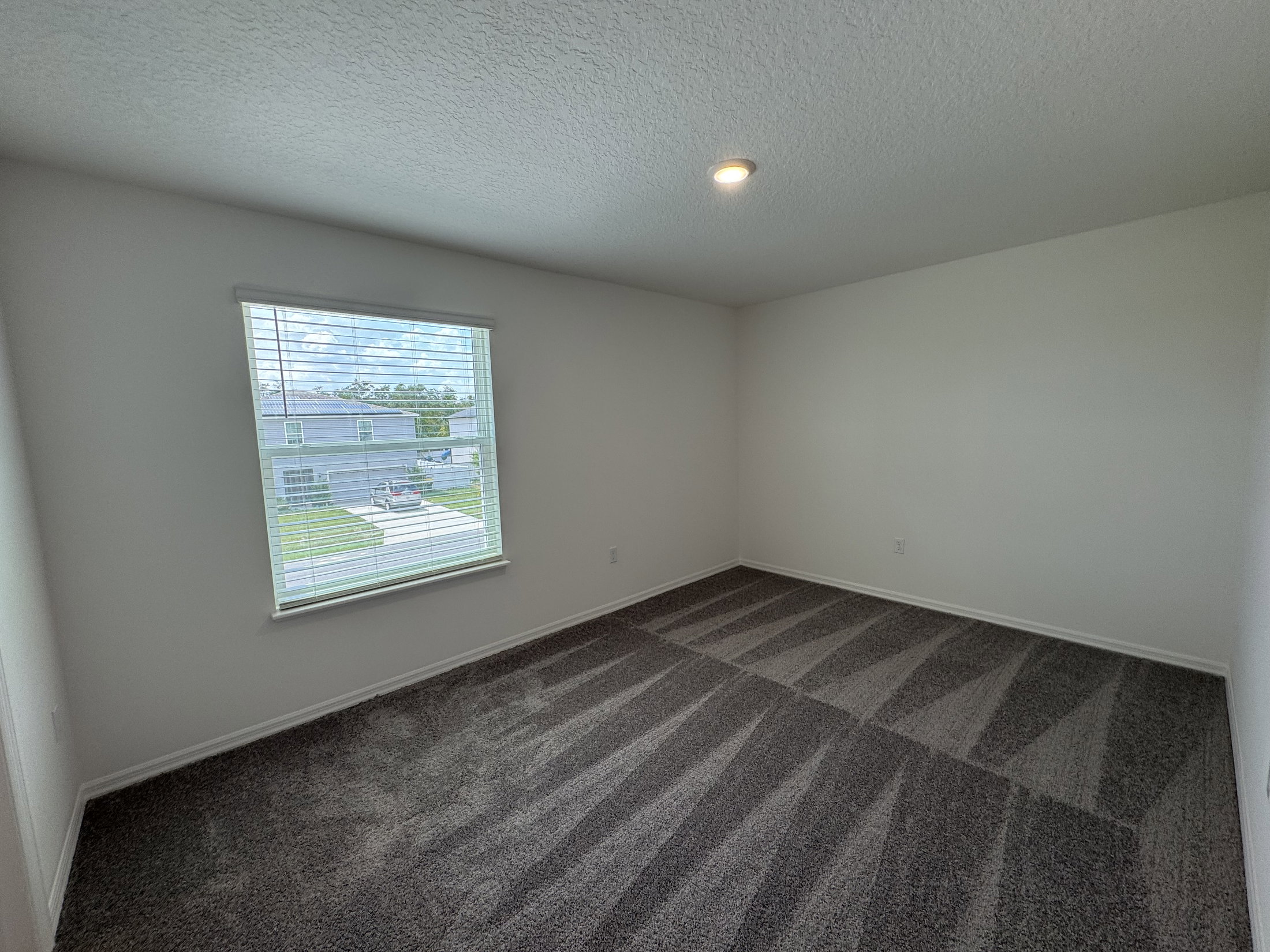 A empty room with freshly carpeted flooring and a window letting in natural light.