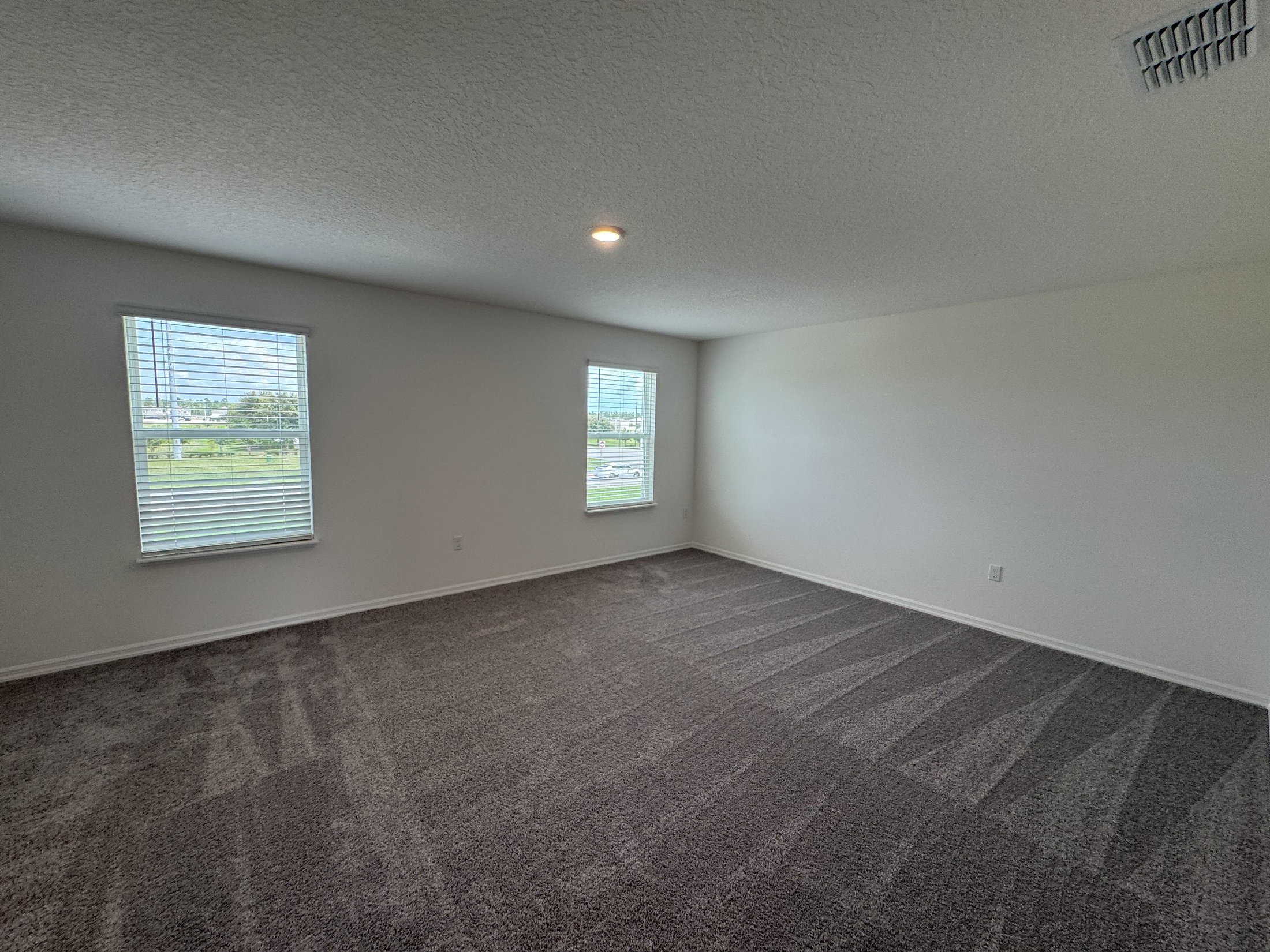 A spacious room with light gray carpet, two windows with white blinds, and a textured ceiling.