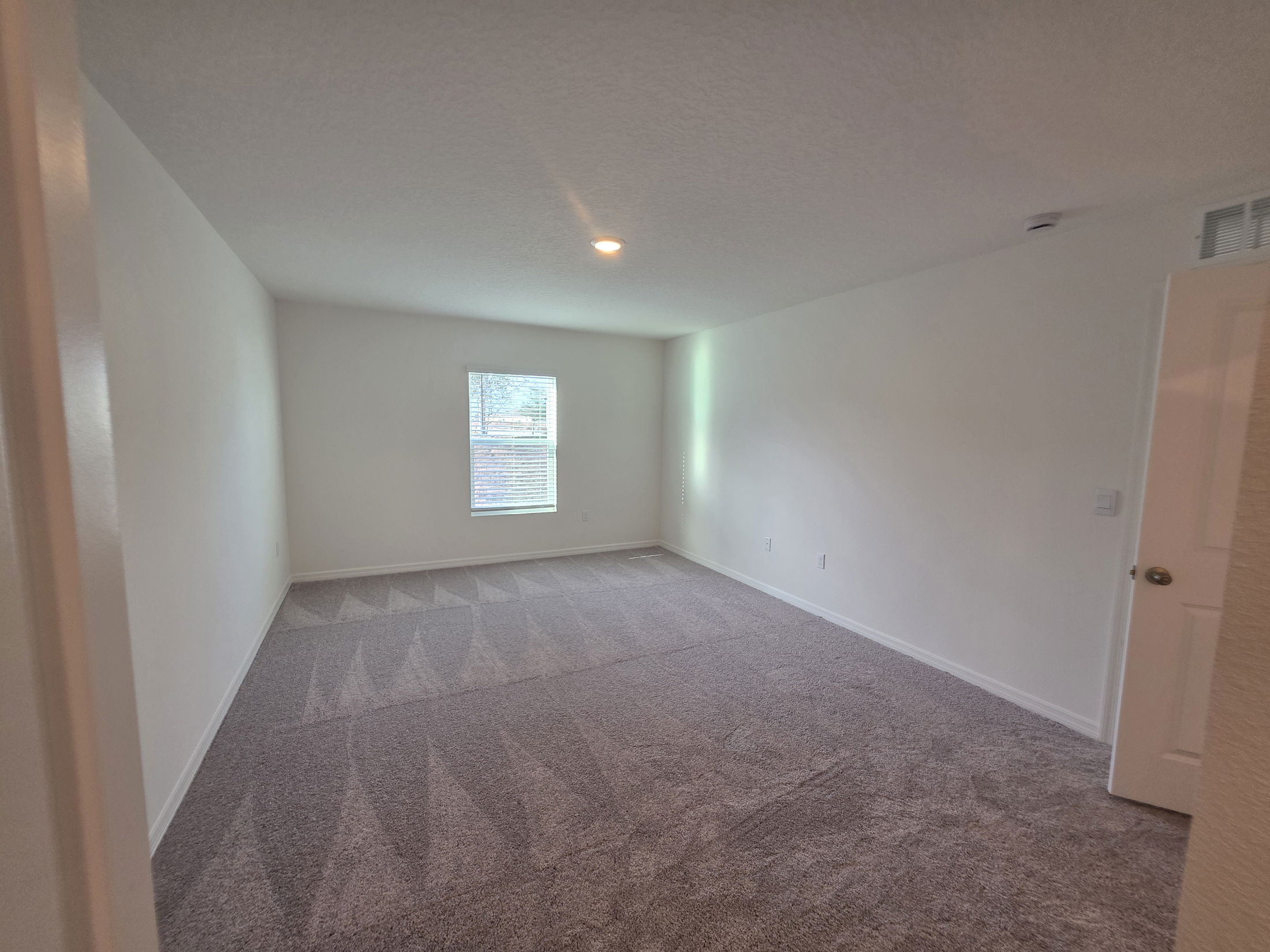 Spacious and empty living room with plush carpet and natural light from a window.