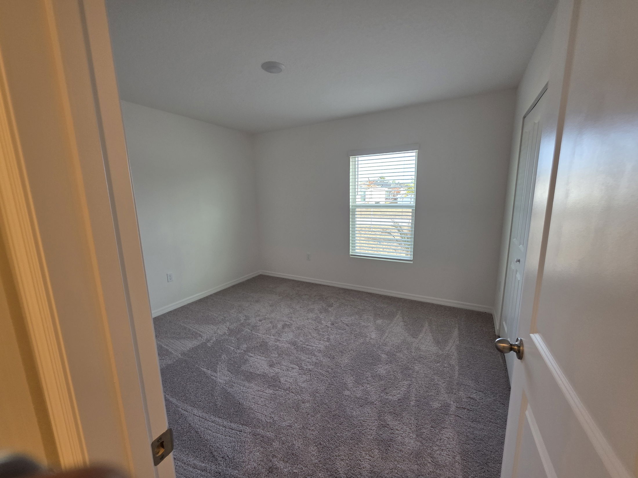 Spacious empty bedroom with carpeted flooring and a window featuring blinds.