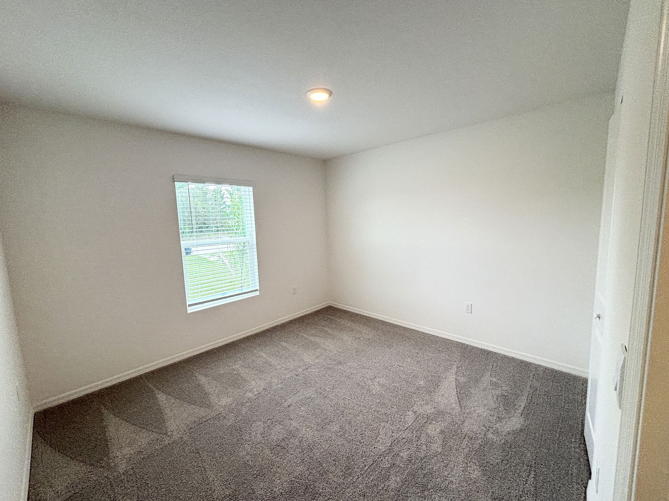 Empty room with clean gray carpet, white walls, and a window letting in natural light.