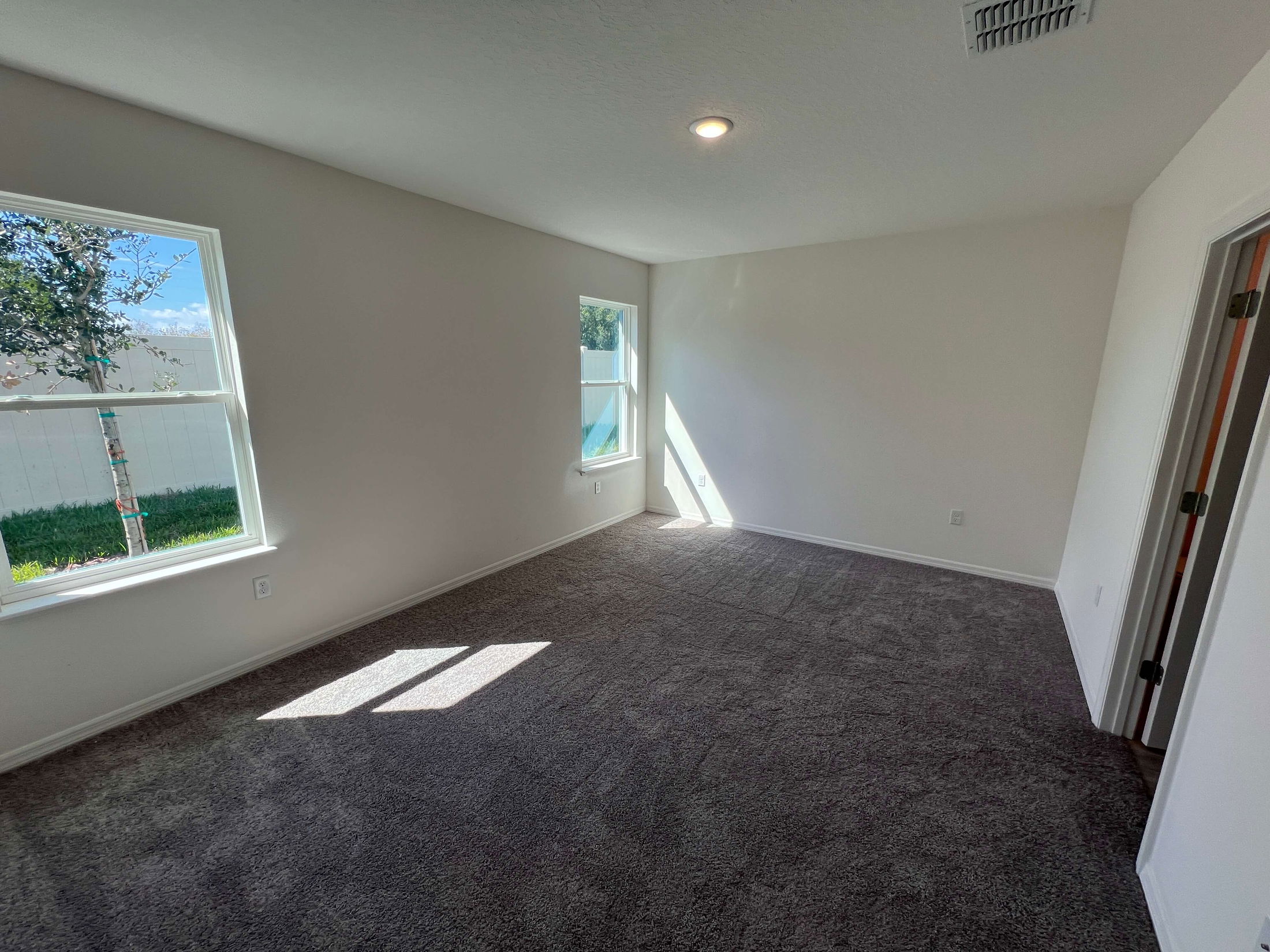 Bright, empty carpeted room with two large windows and a partially open door, showcasing natural light.