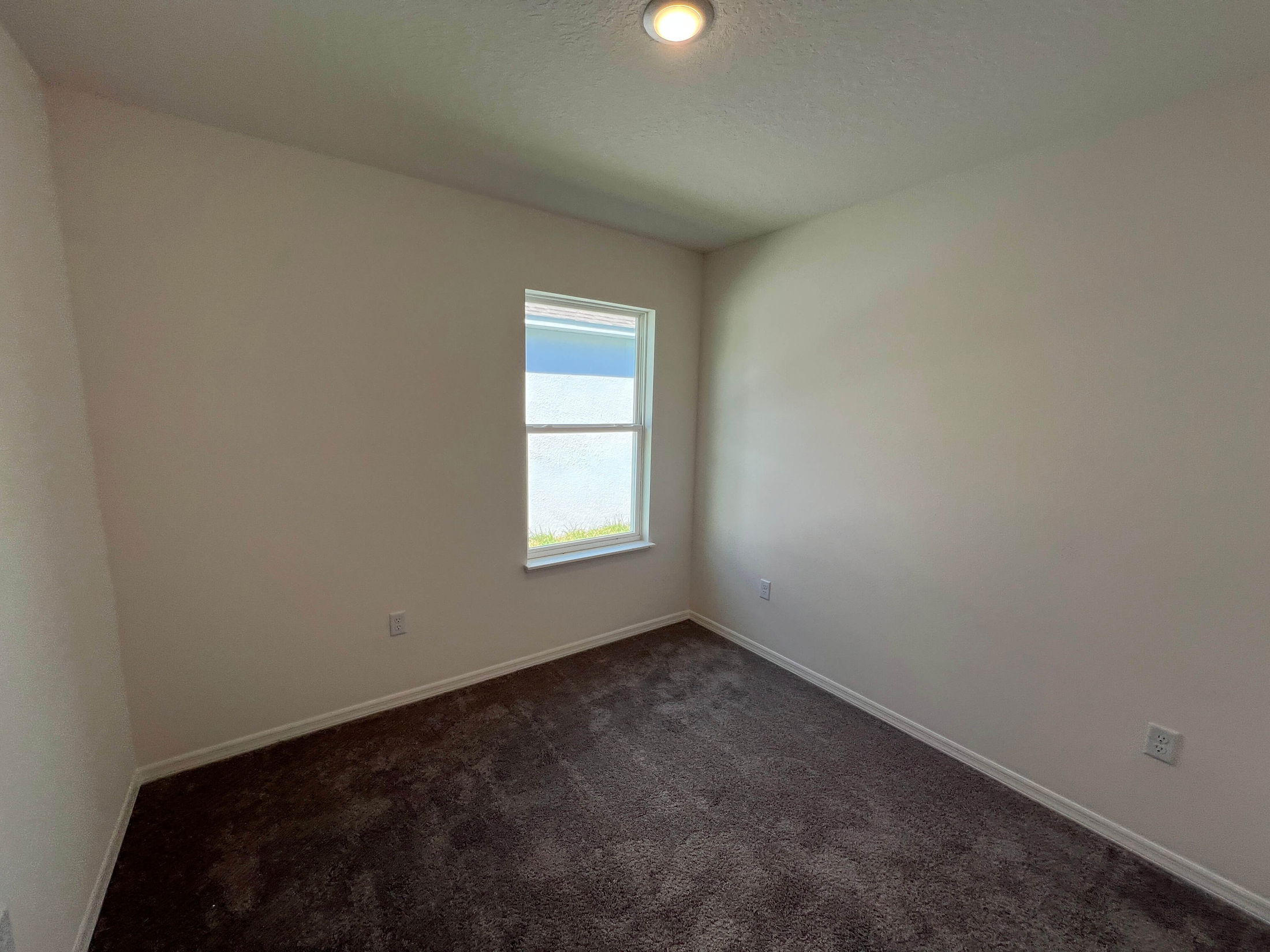 Empty small room with beige walls, a single window, and dark carpet flooring in a brightly lit space.