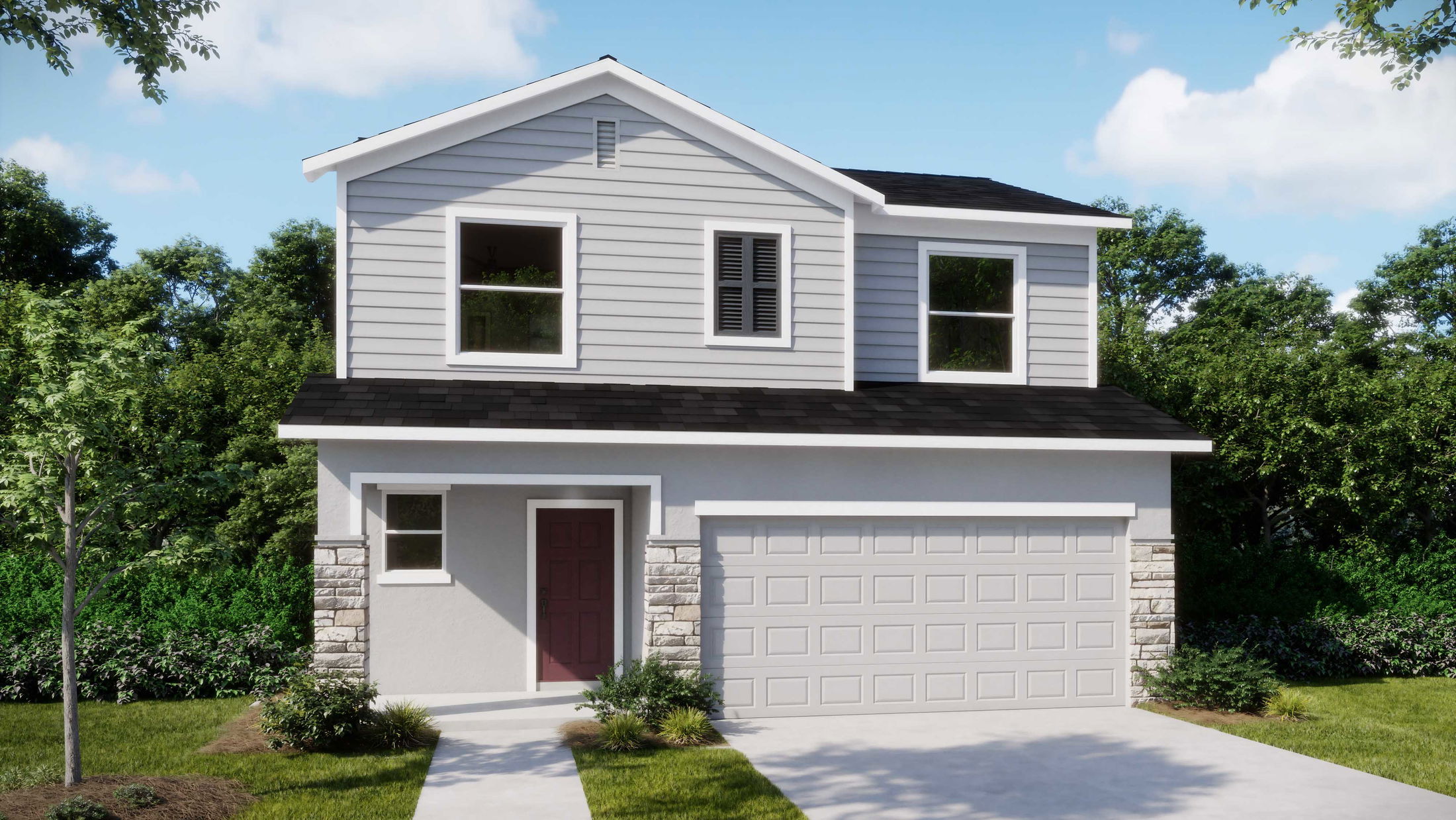 Two-story modern house exterior with gray siding, a red front door, and a double garage, surrounded by greenery and trees.