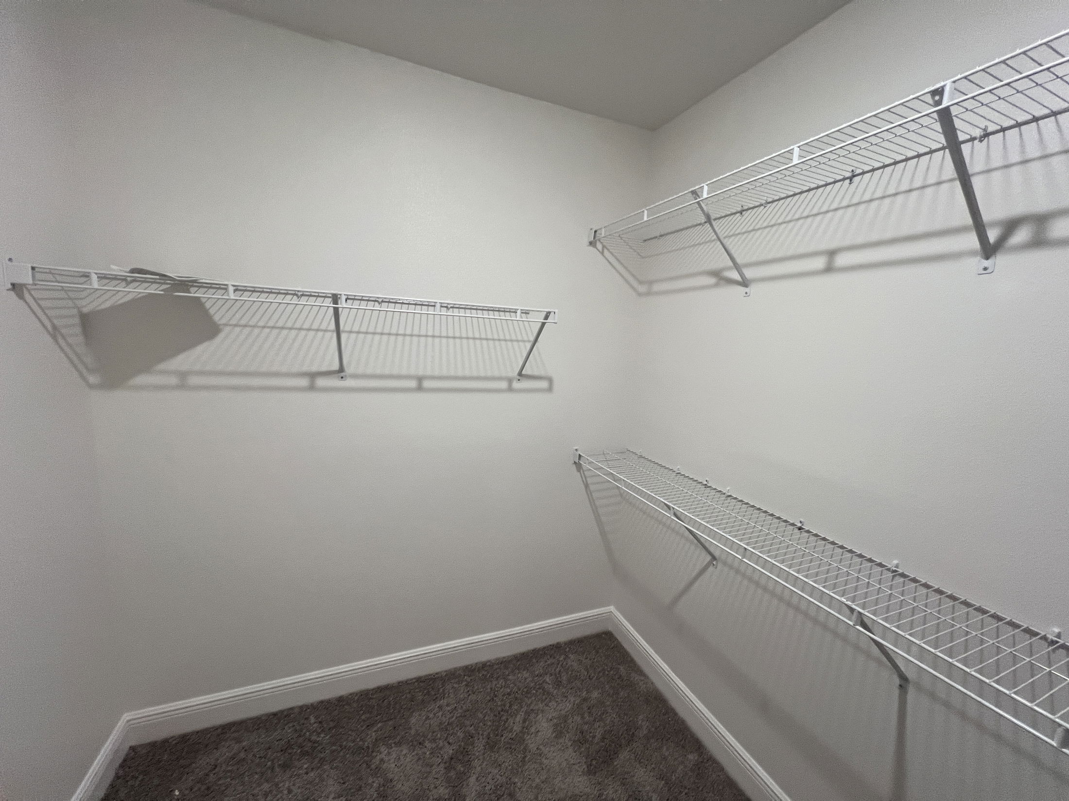 Empty closet with wire shelving and gray carpet flooring.