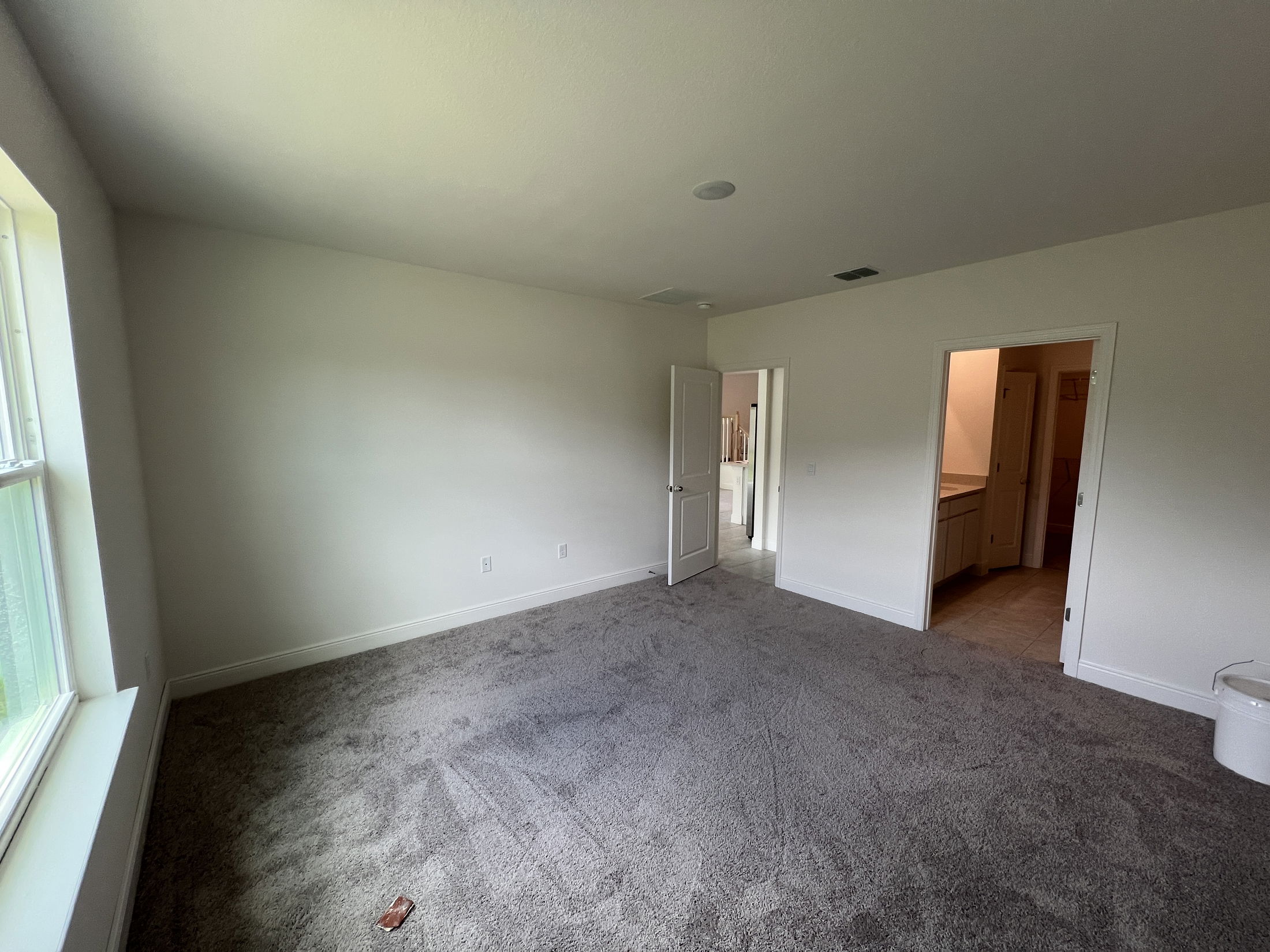 Empty bedroom with gray carpet, white walls, a large window, and open doors leading to a bathroom and closet.