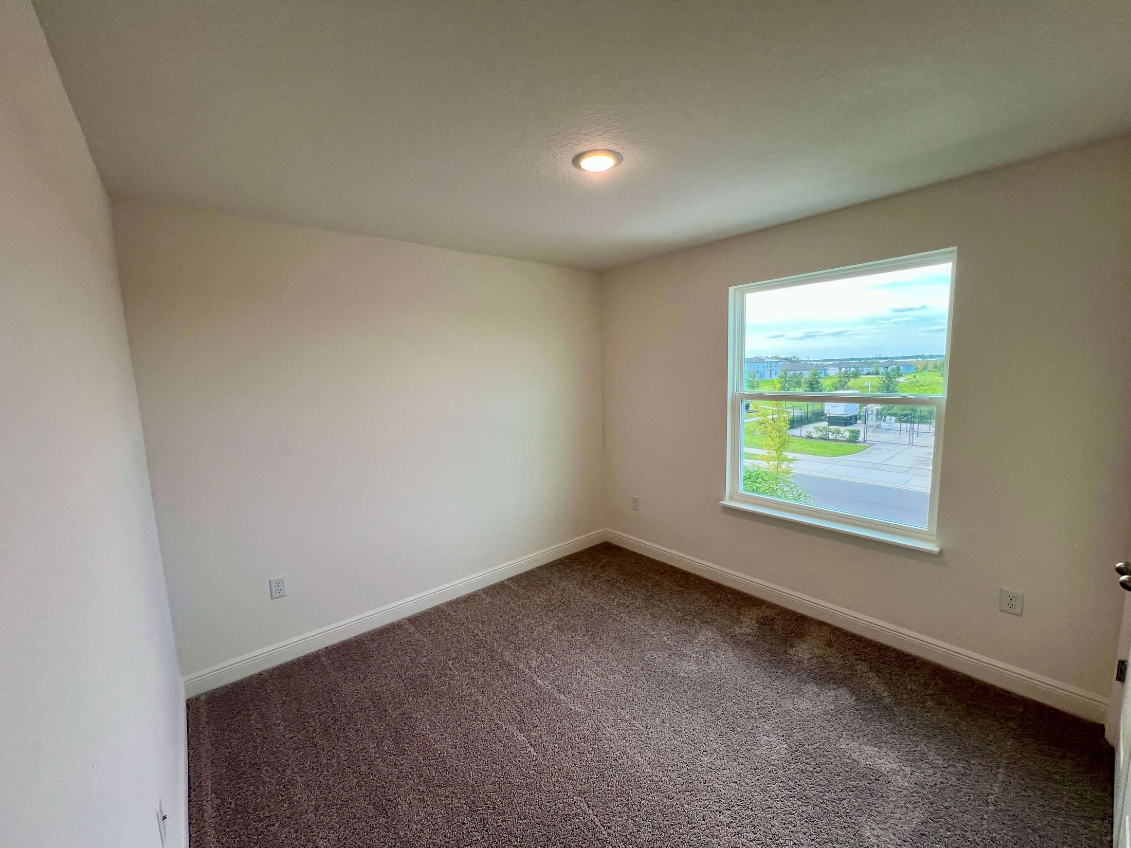 Empty bedroom with beige carpet, white walls, a large window, and a view of a green landscape and street.