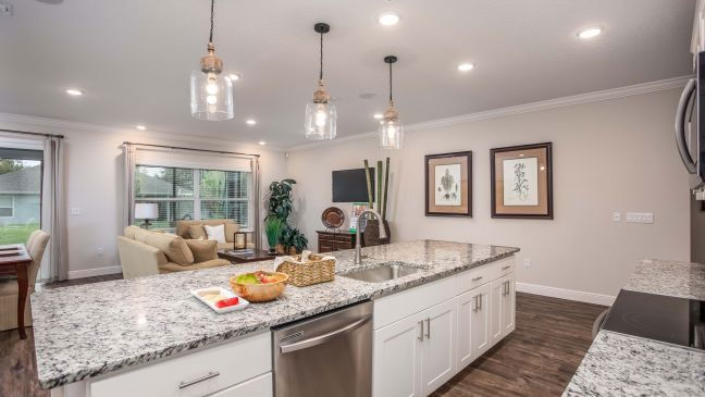Modern kitchen with granite countertops and pendant lighting overlooking a cozy living room.