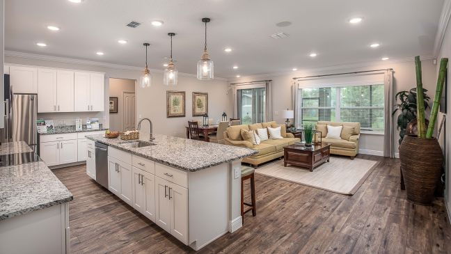 Spacious and modern open-concept kitchen and living room with granite countertops, hardwood floors, and elegant pendant lighting.