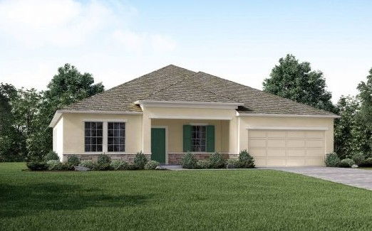 A modern single-story home with a beige exterior, green door, attached garage, and landscaped front yard.