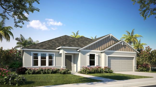 Single-story modern house with a gabled roof, surrounded by a lush green lawn and palm trees under a clear blue sky.