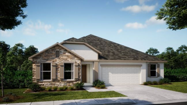 Single-story modern suburban home with stone accents, a two-car garage, and landscaped surroundings.