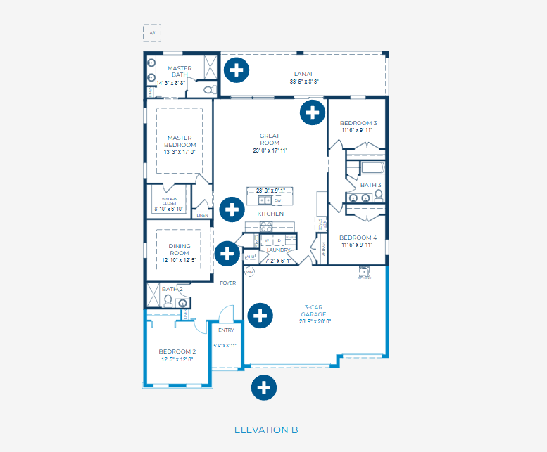 Detailed floor plan of a multi-bedroom house with garage, kitchen, great room, and lanai labeled as Elevation B.