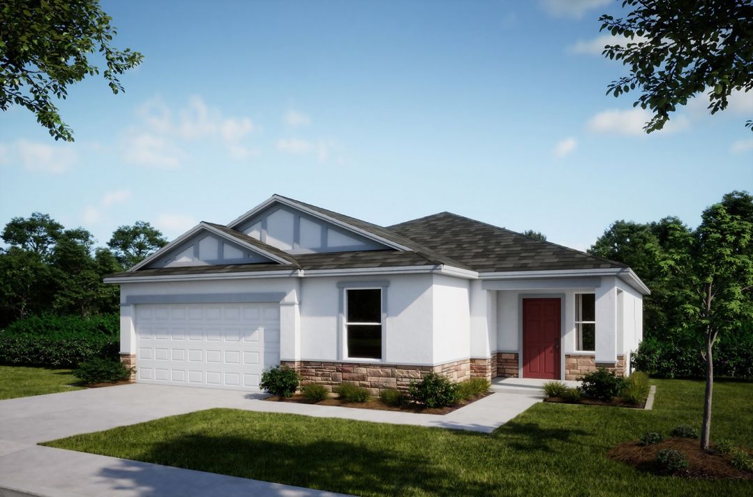 A modern single-story house with a gray roof, red front door, and attached garage surrounded by green landscaping.