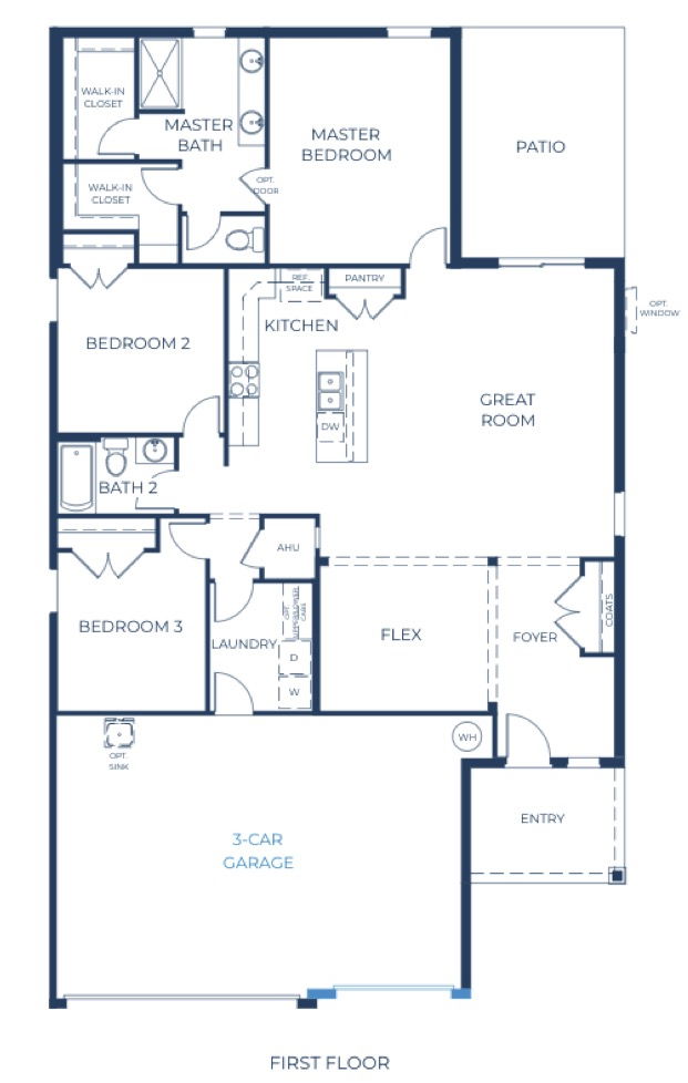Floor plan of a modern single-story house featuring a master bedroom with en-suite, two additional bedrooms, great room, flex room, kitchen, patio, laundry room, and a 3-car garage.