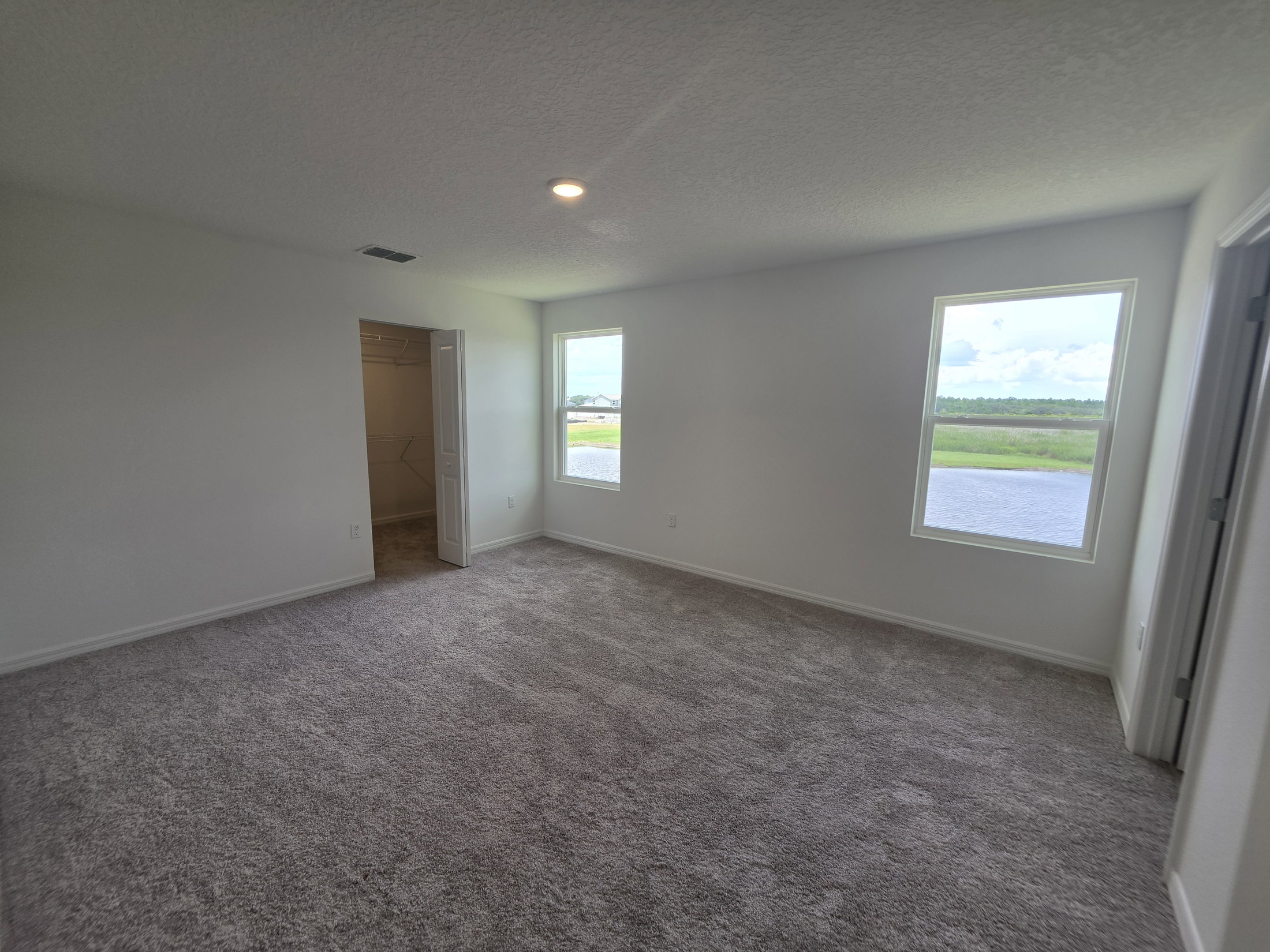 Spacious empty room with light gray carpet, two windows, and a closet entrance.