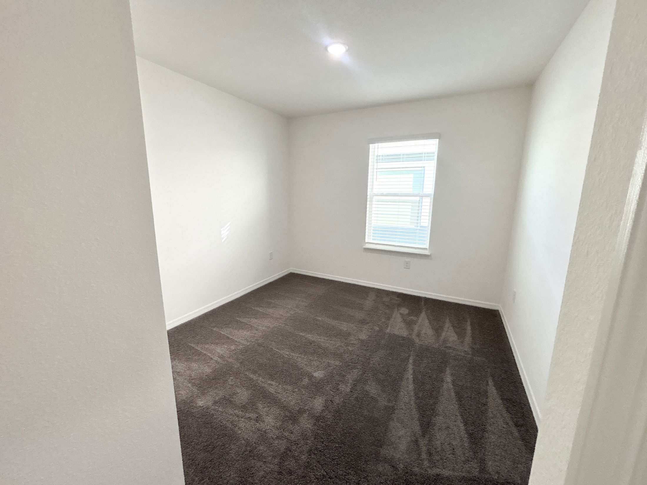 Spacious empty bedroom with beige carpet and white walls, featuring a window with blinds for natural light.